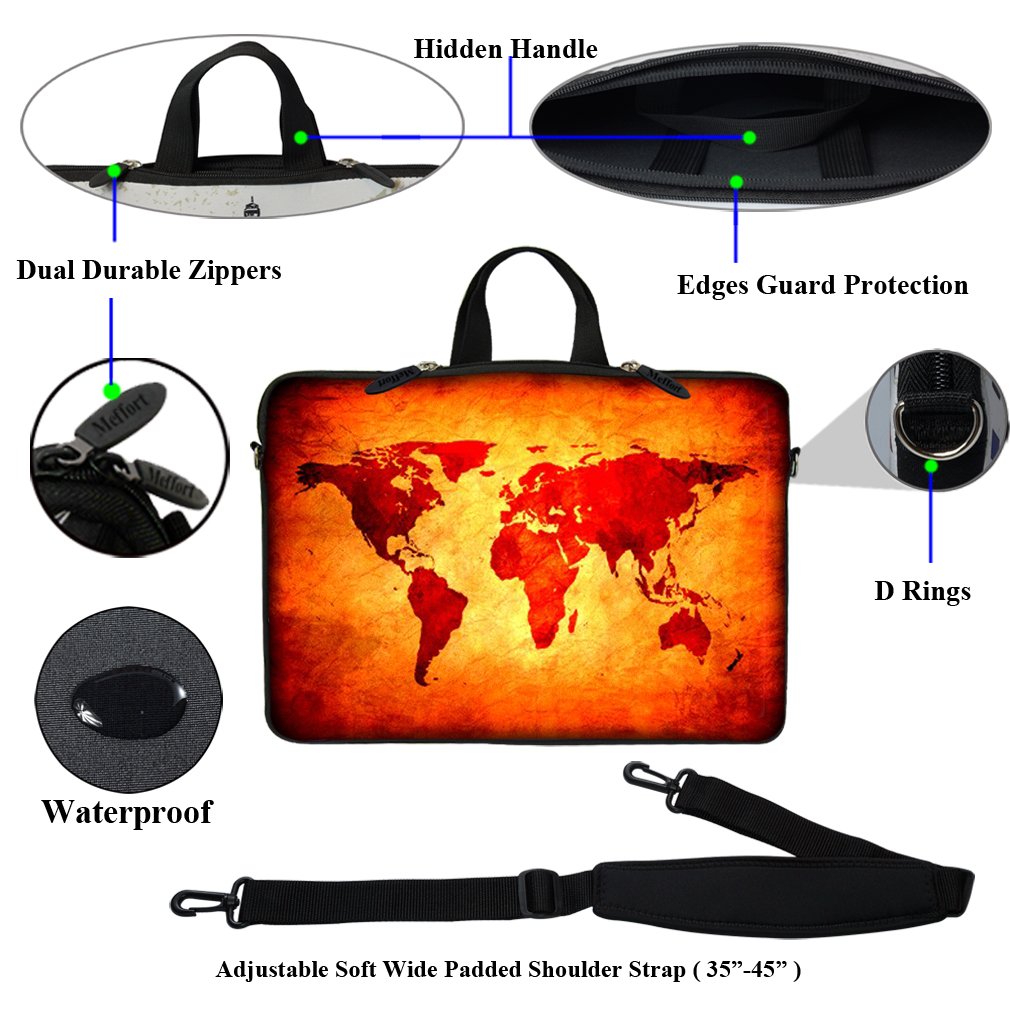 Meffort 15-15.6 Inch Neoprene Laptop Sleeve with Hidden Handle & Adjustable Shoulder Strap - World Map Design | Protective Case for MacBook, Dell, HP | Perfect for Travel, School & Office Use