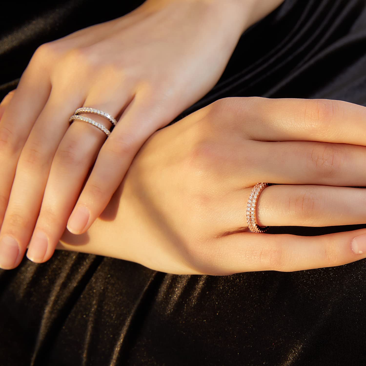 VOLUKA Eternity Stacking Rings for Women & Men - 18K Rose Gold Plated Cubic Zirconia Thin Band Rings - Perfect for Layering, Stacking & Everyday Wear