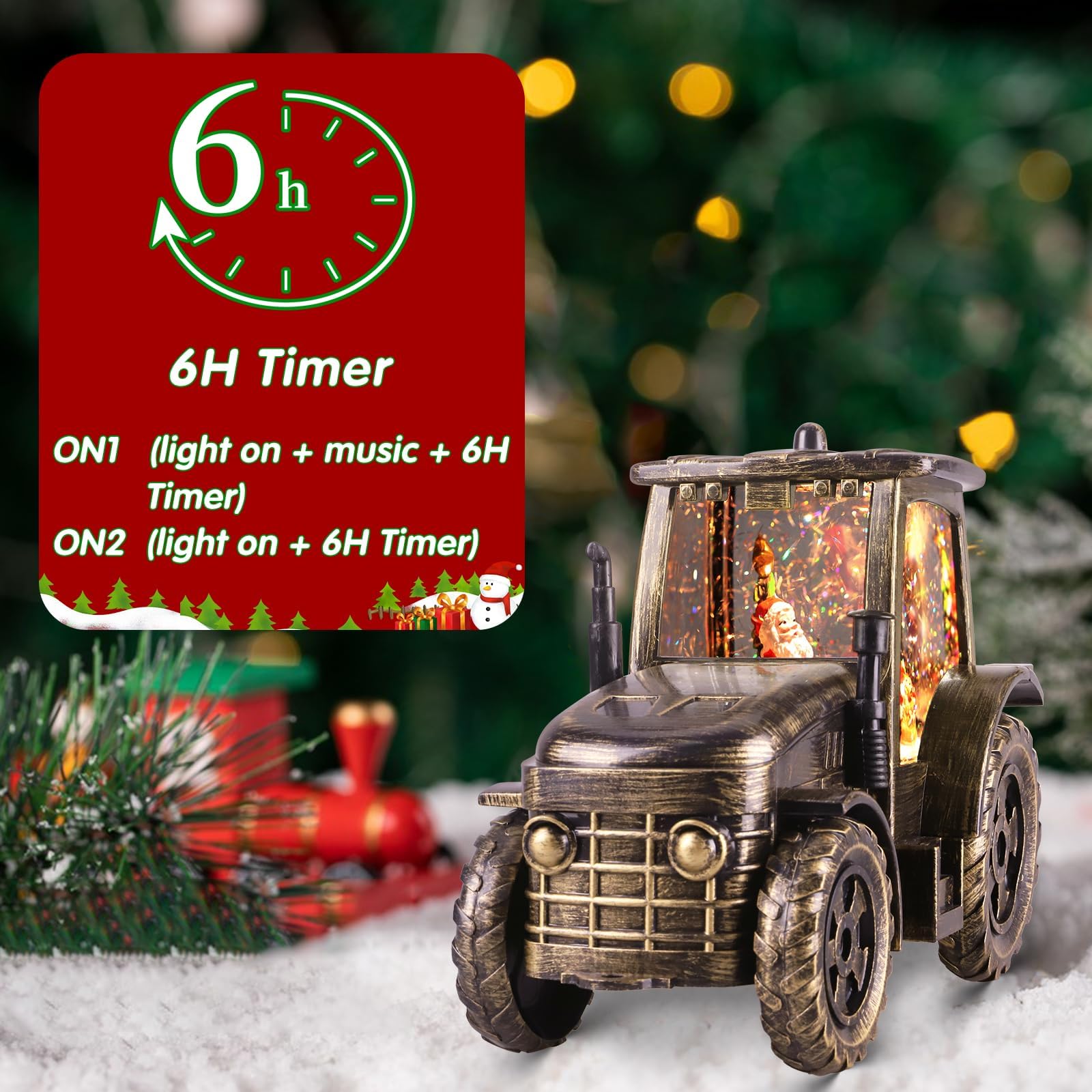 Bronze Tractor Snow Globe with LED Lights - Santa Christmas Snow Globe Lantern with 6-Hour Timer, Battery & USB Powered - Perfect Indoor Christmas Decor & Gift for Dad, Grandfather | Holiday Home Decor, Mantelpiece Display, Cozy Winter Nightlight