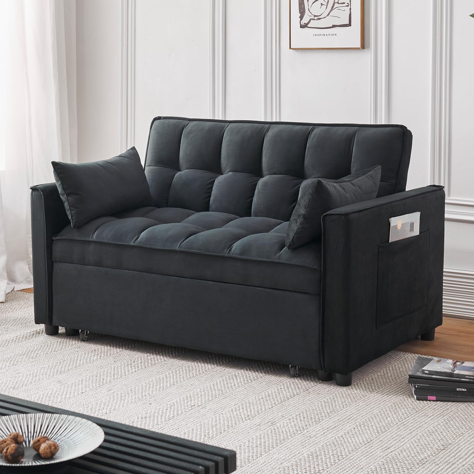 Modern Velvet 3-in-1 Convertible Futon Sofa Bed - Pullout Sleeper Couch with Adjustable Backrest, Storage Pockets & Toss Pillows - Perfect for Small Spaces, Living Room, Bedroom or Guest Room (Black)