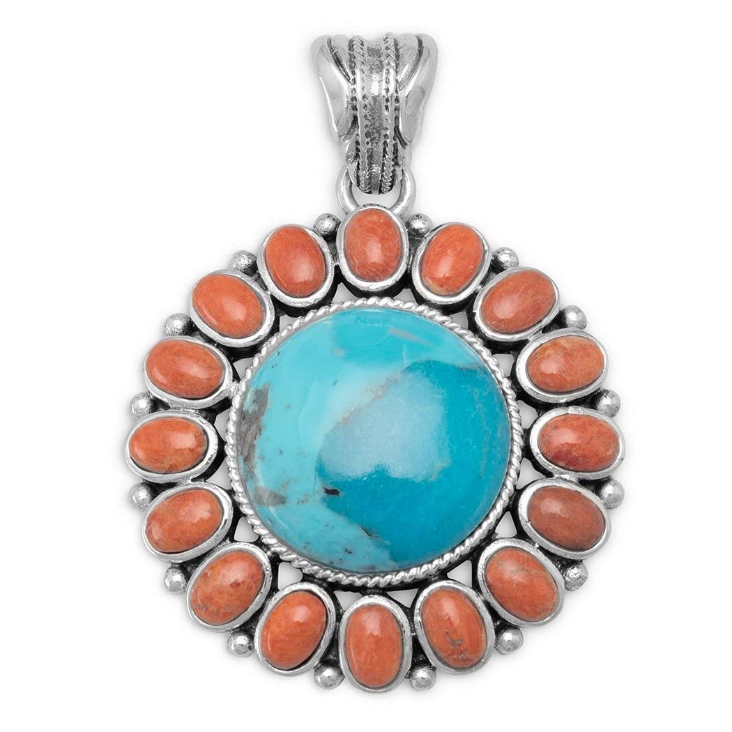 Oxidized 925 Sterling Silver Pendant Necklace with Simulated Turquoise & Orange Coral Sunburst Design - Elegant Jewelry Gift for Women, Perfect for Birthday, Anniversary & Special Occasions