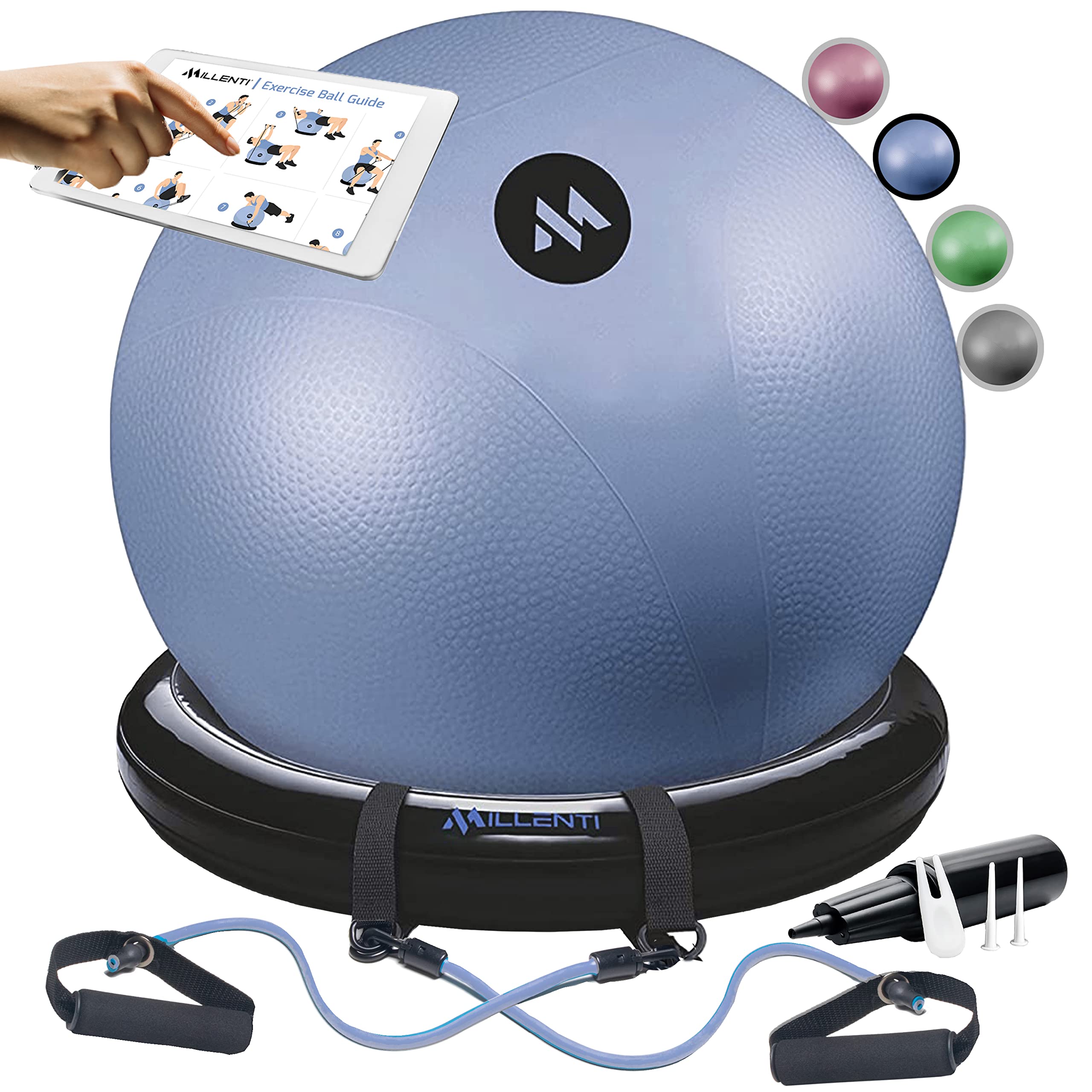Millenti 65cm Exercise Ball Chair with Stability Base Ring Kit & Resistance Bands - Yoga, Pilates, Home Gym, Office Chair, Pregnancy Birthing Ball - Includes Workout Chart - Perfect for Home Fitness, Office Ergonomics, Prenatal Yoga and Postpartum Recovery