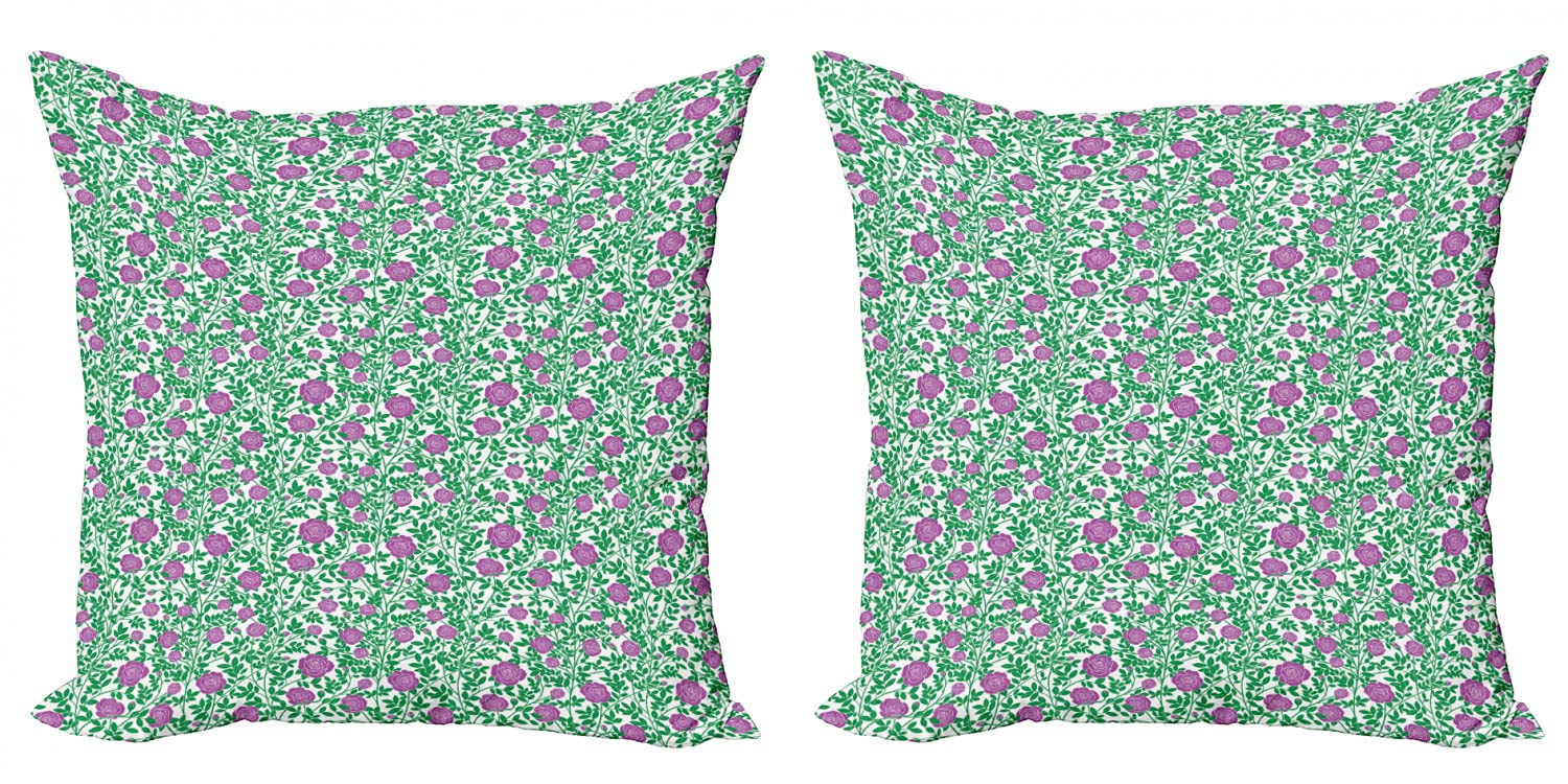 Ambesonne Rose Throw Pillow Covers Pack of 2 - Gardening Theme Floral Design with Thorny Stems, Rose Buds & Petals, Double-Sided Digital Print, 16 Inch, Forest Green Fuchsia - Perfect for Living Room, Bedroom Decor & Gift Ideas