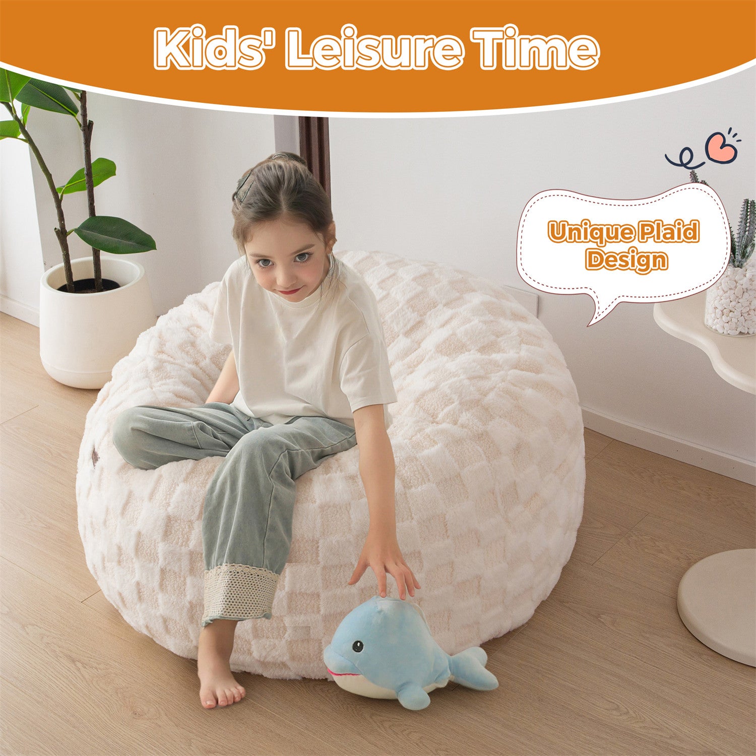 MAXYOYO Kids Bean Bag Bed - Convertible Bean Bag Chair to Bed with Soft Jacquard Shaggy Plush & Removable Plaid Beige Cover | Perfect for Kids' Room, Playroom & Sleepovers