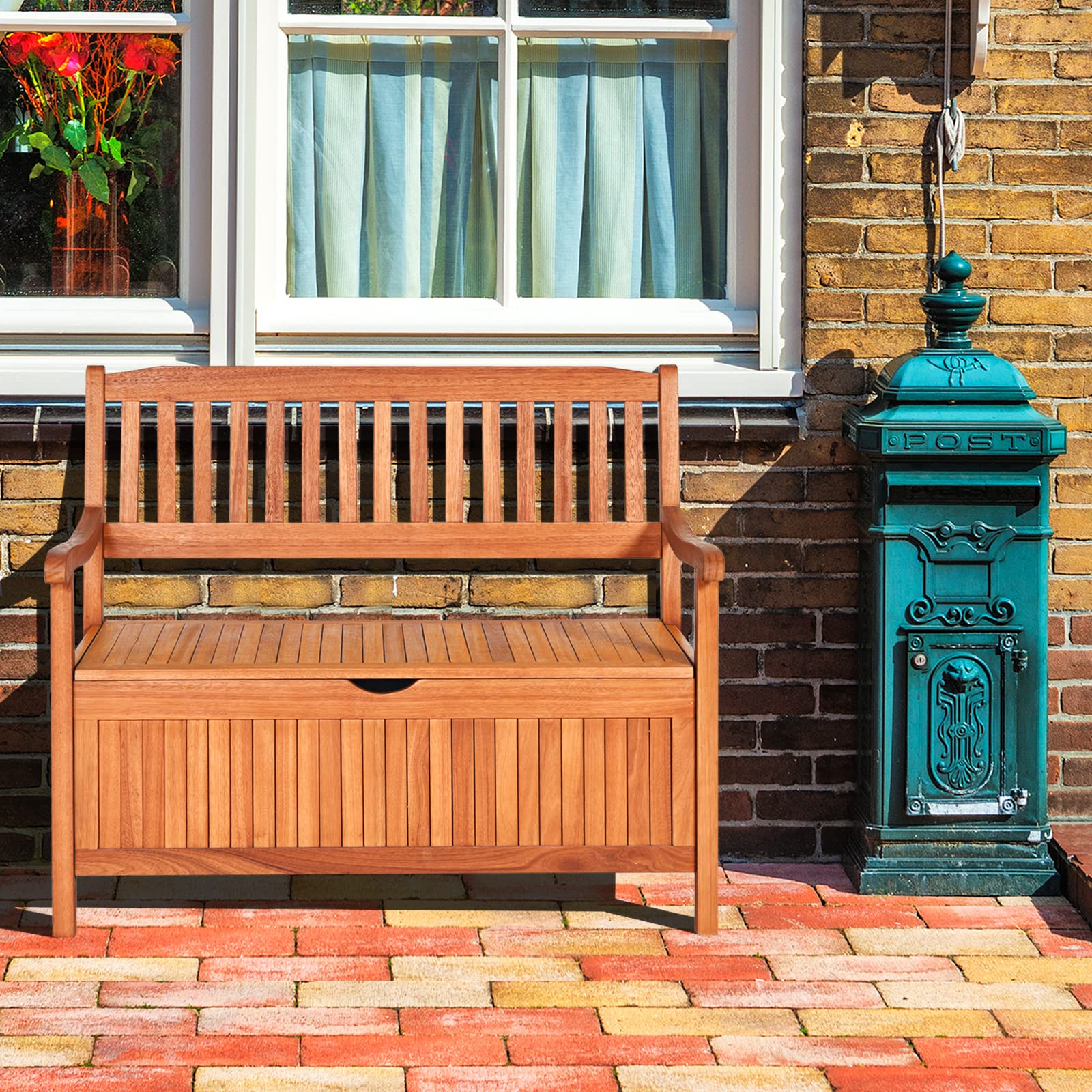 **HAPPYGRILL 33 Gal Outdoor Storage Bench - Wooden Deck Box with Removable Dustproof Liner, Multi-Functional Seating Furniture for Courtyard, Garden, Poolside & Patio**    *(Perfect for Storing Cushions, Toys, and Outdoor Essentials While Providing Extra Seating Space!)*