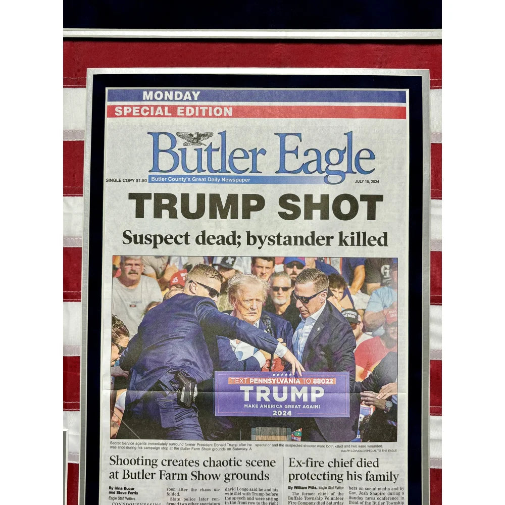 Authentic Donald Trump Autographed USA Flag Framed with Butler PA Newspaper - JSA Certified Assassination Attempt Memorabilia - Perfect for Political Collectors & Patriotic Home Decor