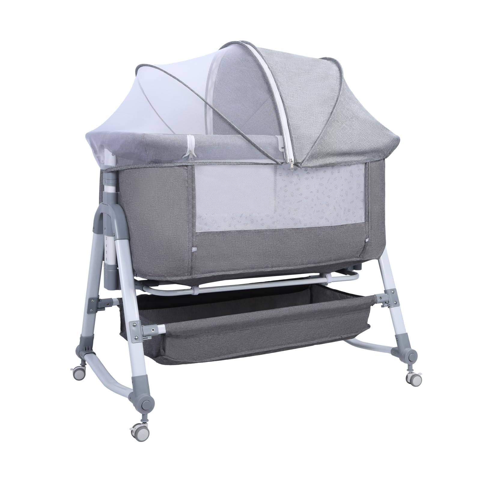 3-in-1 Adjustable Baby Bedside Crib with Mosquito Net - Convertible Bassinet, Large Curvature Cradle & Height-Adjustable Design for Newborns - Perfect for Co-Sleeping, Nursery & Bedroom Safety (Grey)