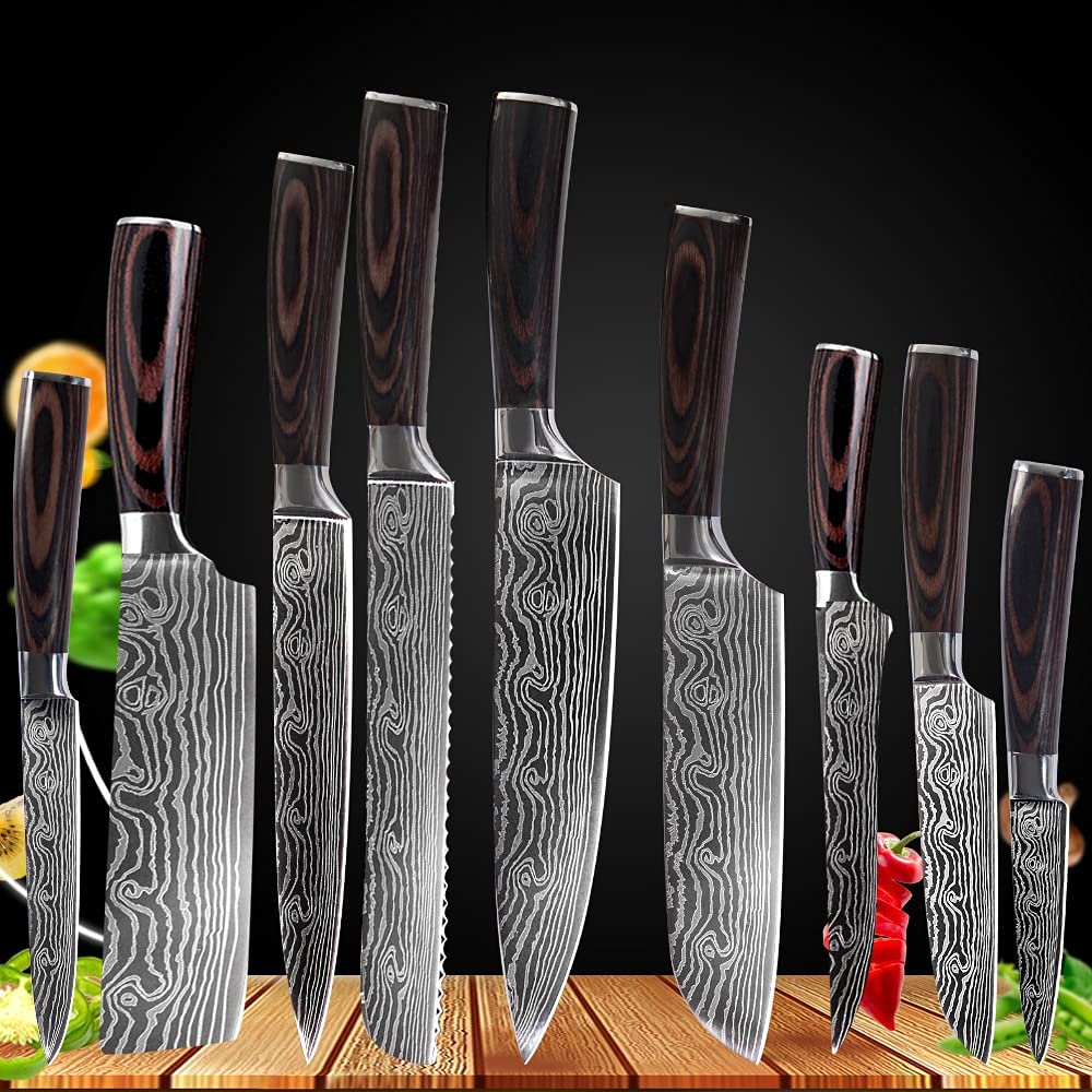 Premium Damascus Steel Japanese Chef Knife Set - 9-Piece Kitchen Knife Collection with Santoku, Utility & Slicing Knives for Professional Cooking & Food Preparation | Ideal for Home Chefs & Culinary Enthusiasts