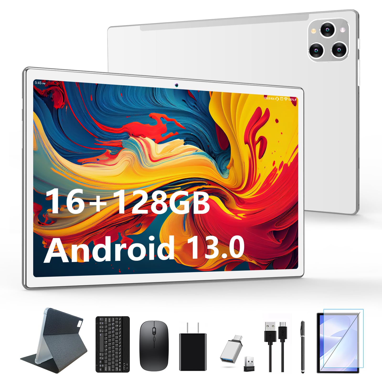 2025 Latest 10 Inch Android 13 Tablet - 128GB ROM + 16GB RAM (8+8 Virtual), 2-in-1 Laptop with Keyboard, Octa-Core Processor & 13MP Camera, 1TB Expandable Storage, FHD IPS Display - Perfect for Work, Study & Entertainment