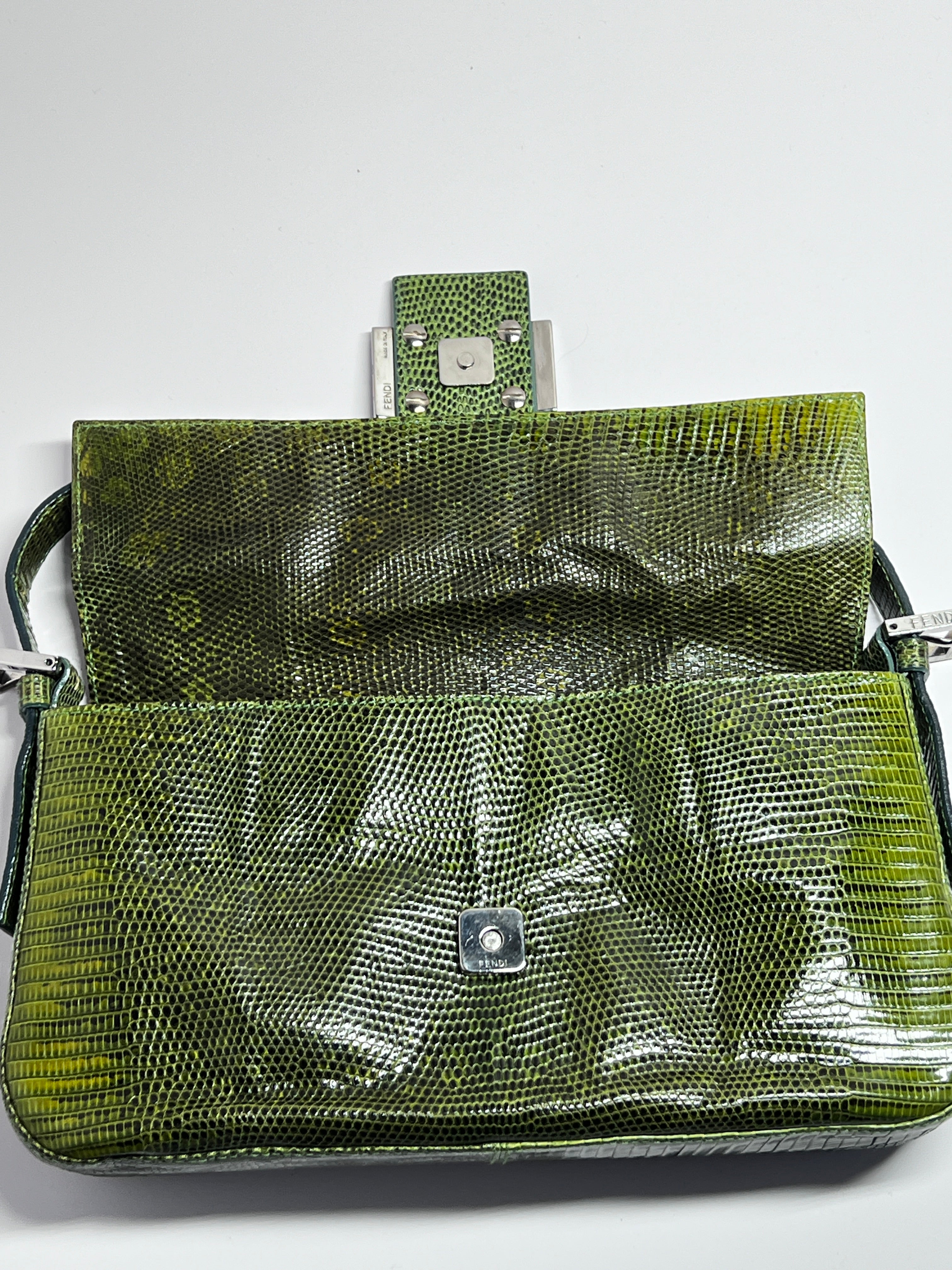 Authentic Vintage Fendi Green Lizard Skin Baguette Handbag - Luxury Designer Crossbody Purse for Women, Perfect for Evening Parties & Special Occasions