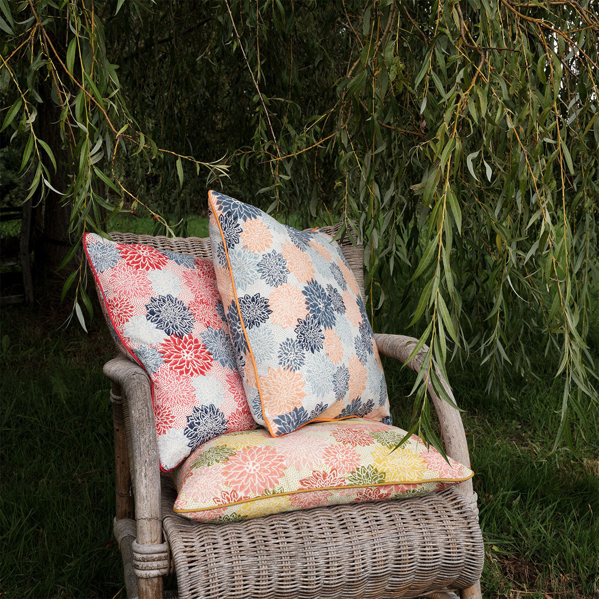 Premium Piped Cushion Cover - Soft Dahlia Crimson & Indigo Floral Design - Perfect for Sofa, Bed, or Home Decor