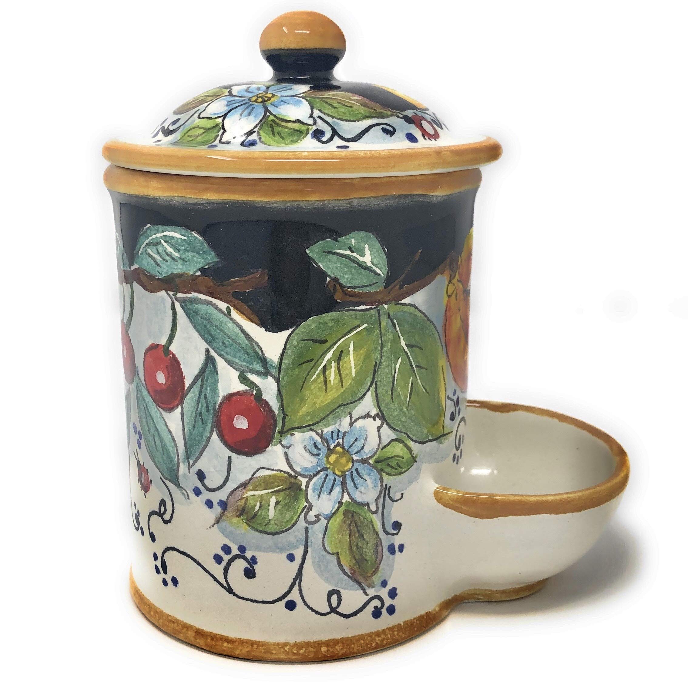Hand-Painted Italian Ceramic Jar - Tuscan Salt Holder with Fruit Decoration | Authentic Florence Pottery from Italy | Perfect for Kitchen Decor & Gift Giving