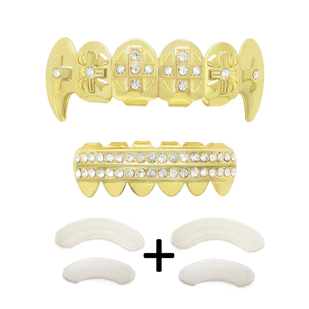24K Gold Plated Grillz Teeth Set with CZ Diamonds - Top & Bottom Hip Hop Bling Iced Out Grillz for Men | Includes Extra Molding Bars & Microfiber Cloth | Perfect for Rappers, Performances & Special Events