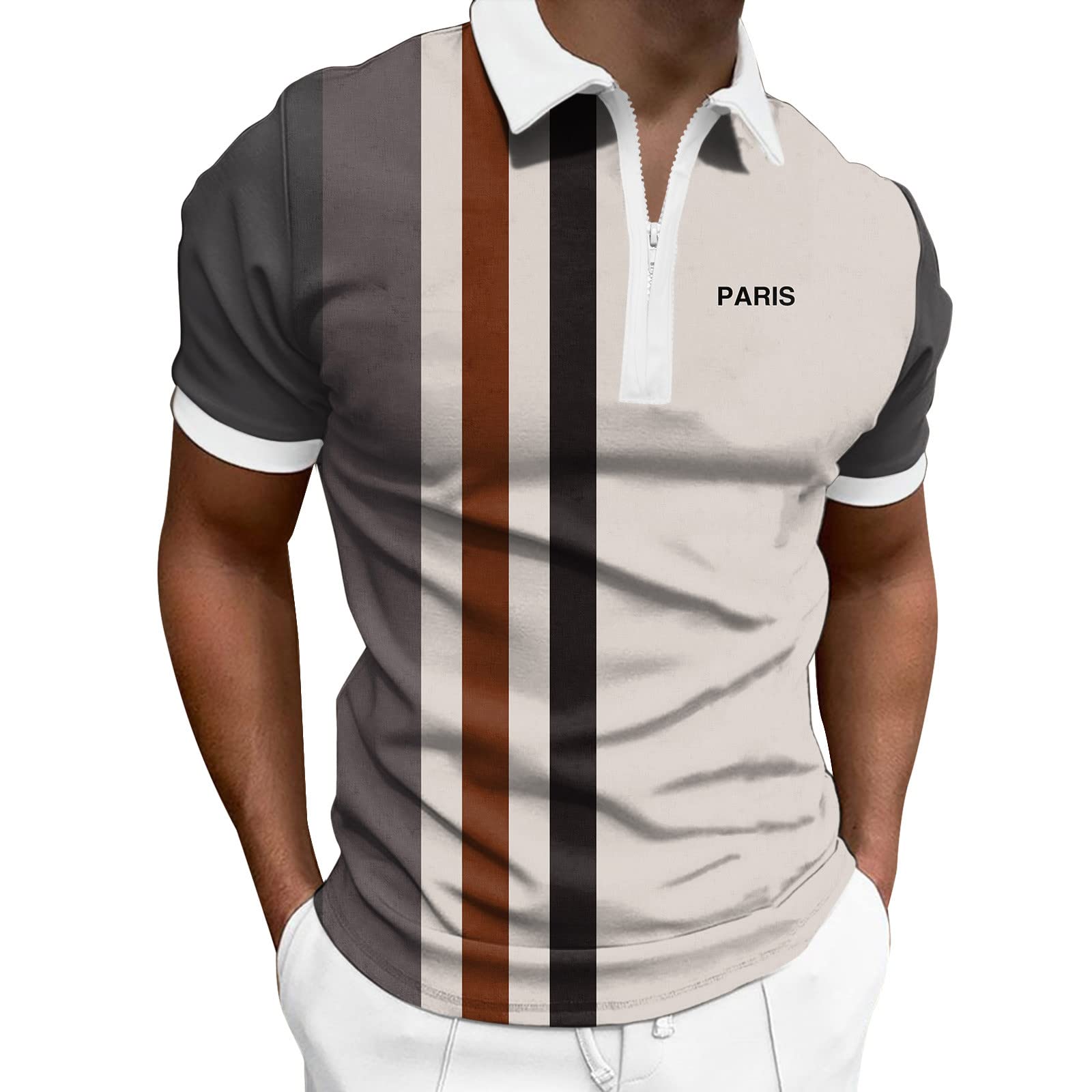 Men's White Short Sleeve Polo Shirt - Striped Colorblock Casual Golf Shirt for Summer | Breathable Cotton Tee for Golf, Office & Outdoor Activities