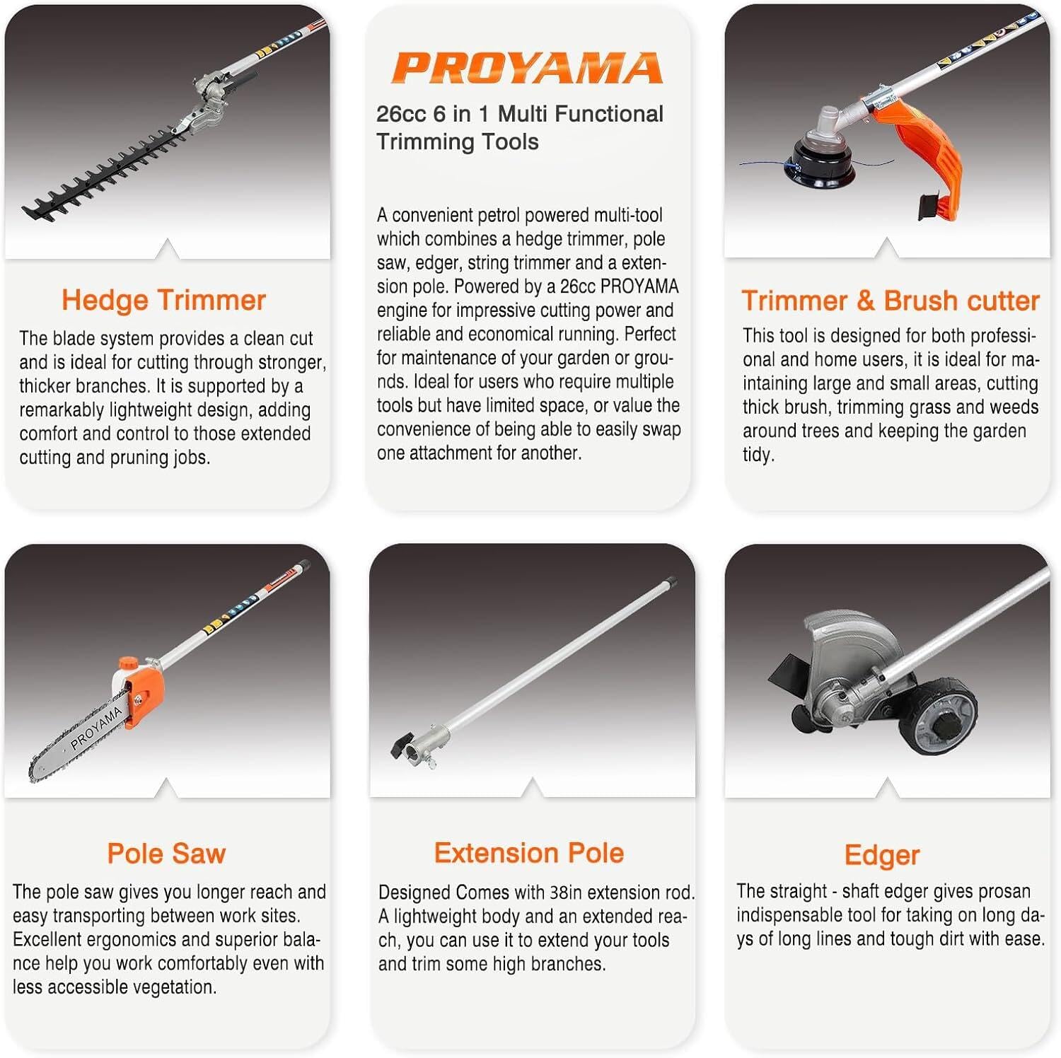 PROYAMA 26cc 2-Stroke Gas Powered 6-in-1 Multi-Functional Landscaping Tool - Hedge Trimmer, Weed Eater, String Trimmer, Brush Cutter, Edger & Pole Saw with Extension Pole - Perfect for Yard Maintenance, Lawn Care and Professional Landscaping