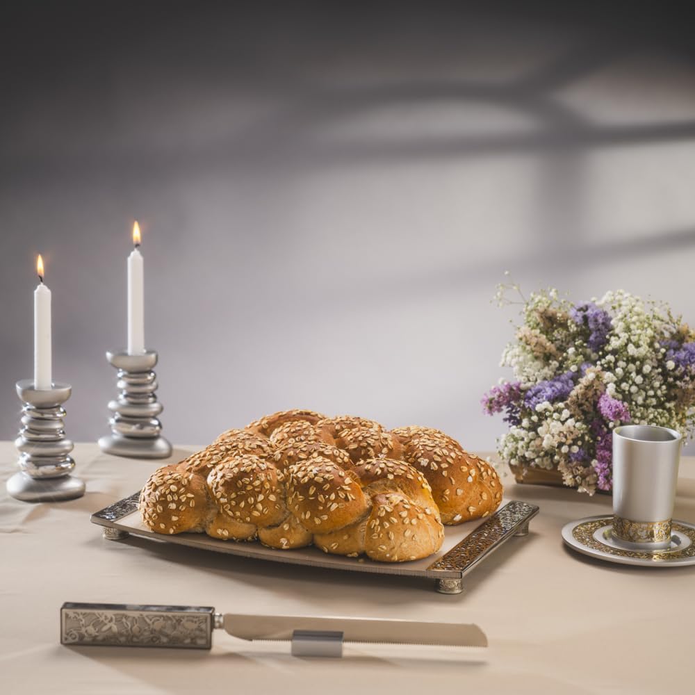 Yair Emanuel Ceramic Challah Bread Cutting Board for Shabbat & Jewish Holidays | Elegant Filigree Judaica Design | White Kosher Serving Tray (CBR-1) - Perfect for Shabbat Dinner, Holiday Meals & Jewish Home Decor