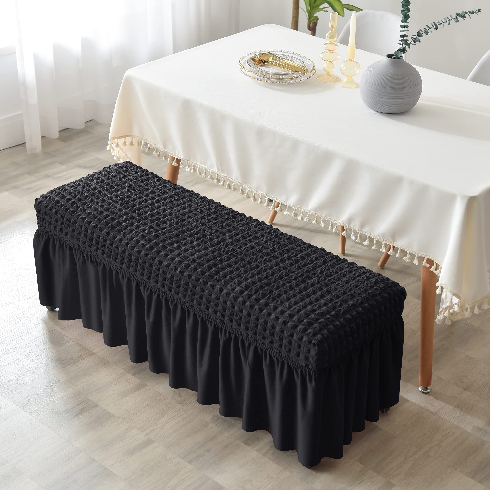 3D Spandex Seersucker Bench Covers - Soft Stretch Upholstered Slipcover for Dining Room, Living Room, Kitchen & Bedroom - Washable & Removable Dining Bench Protector (Black) - Perfect for Home Decor & Furniture Protection