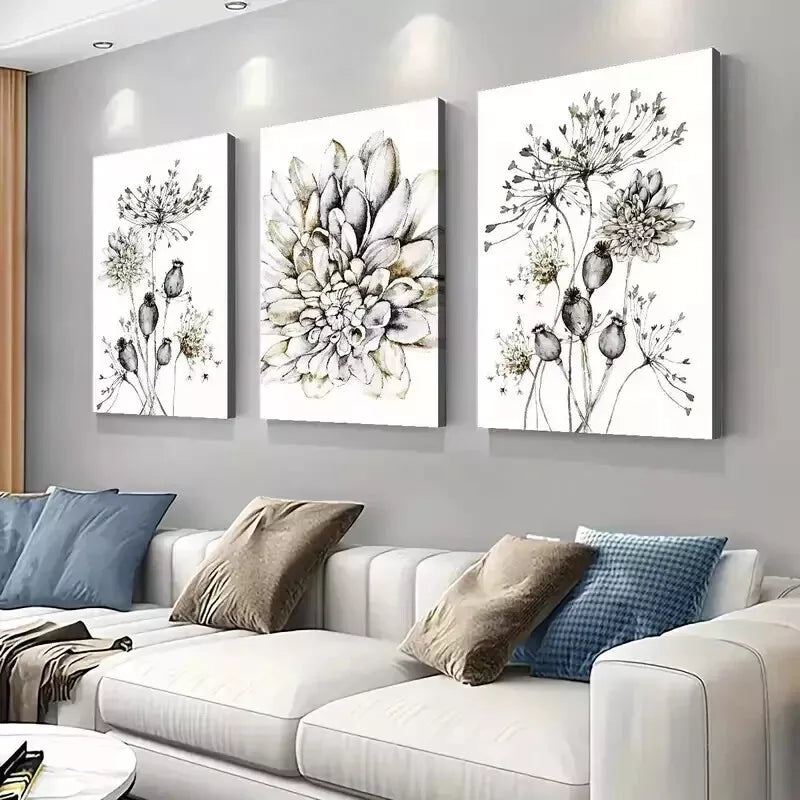 3-Piece Boho Chic Dandelion & Dahlia Flower Wall Art Set - 50x70cm Framed Canvas Prints - High Quality Australian Made - Ready to Hang - Perfect for Living Room, Bedroom & Office Decor