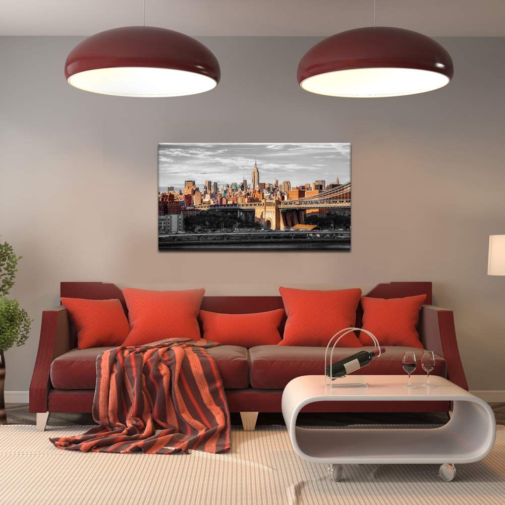 Modern NYC Canvas Art - Brooklyn Bridge Sunrise Painting for Home Decor | 20x36 Inch Wall Art