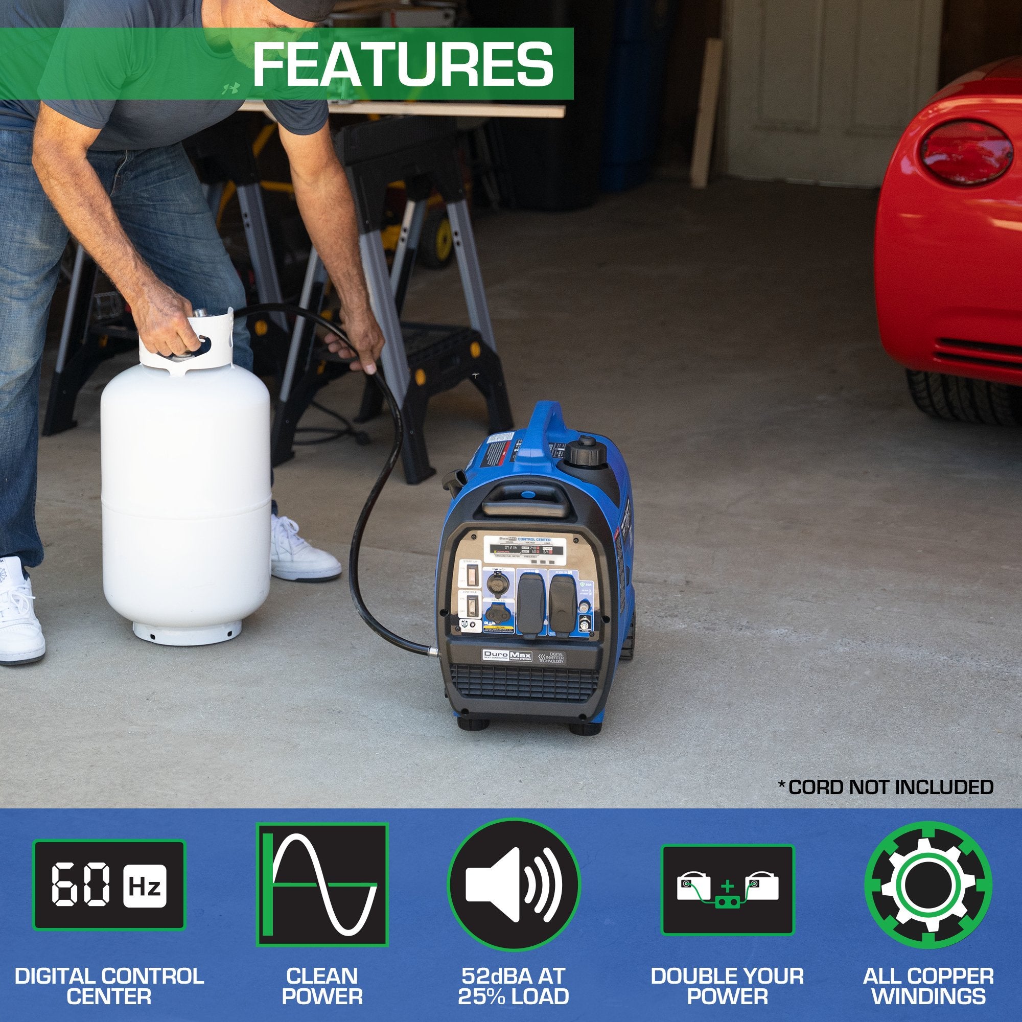 DuroMax XP2300IH 1800W/2300W 80cc CO Alert Dual Fuel Inverter Generator - Portable Power for Camping, RV Trips & Emergency Backup