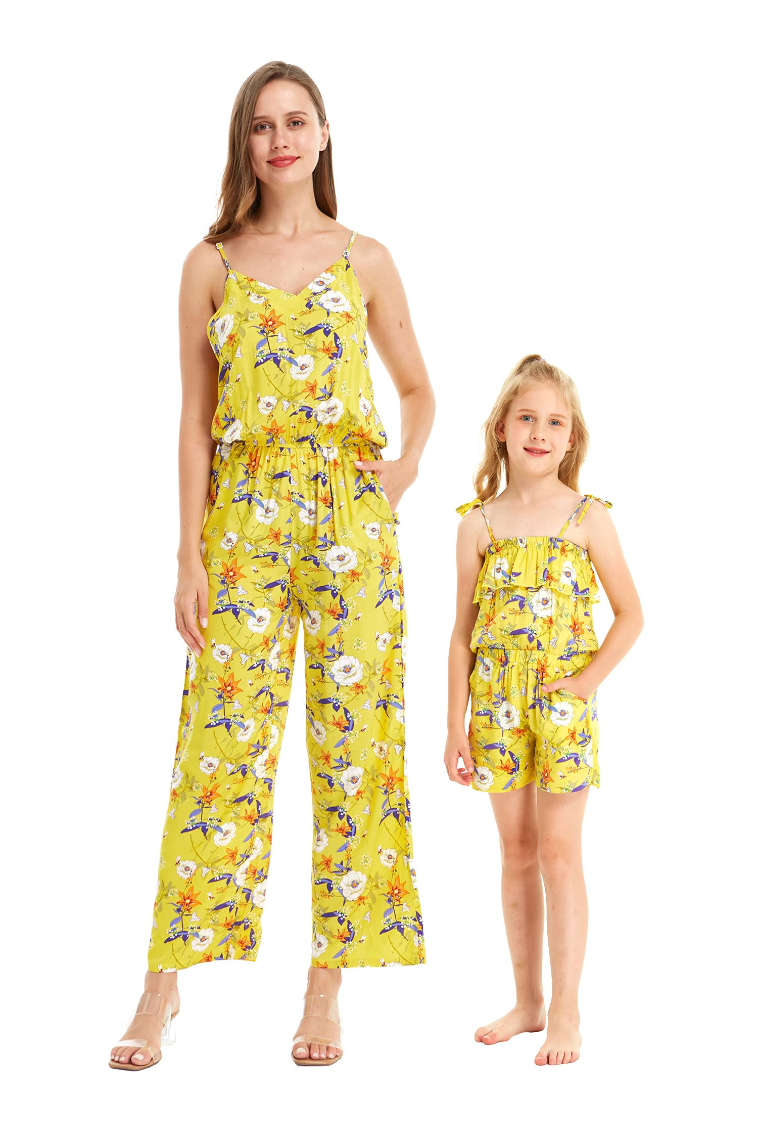 Hawaiian Luau Matching Mother Daughter Jumpsuit Romper - V-Neck Strap Floral Print in Garden Poppy Yellow | Beach Vacation, Family Photo Outfits, Summer Party Wear