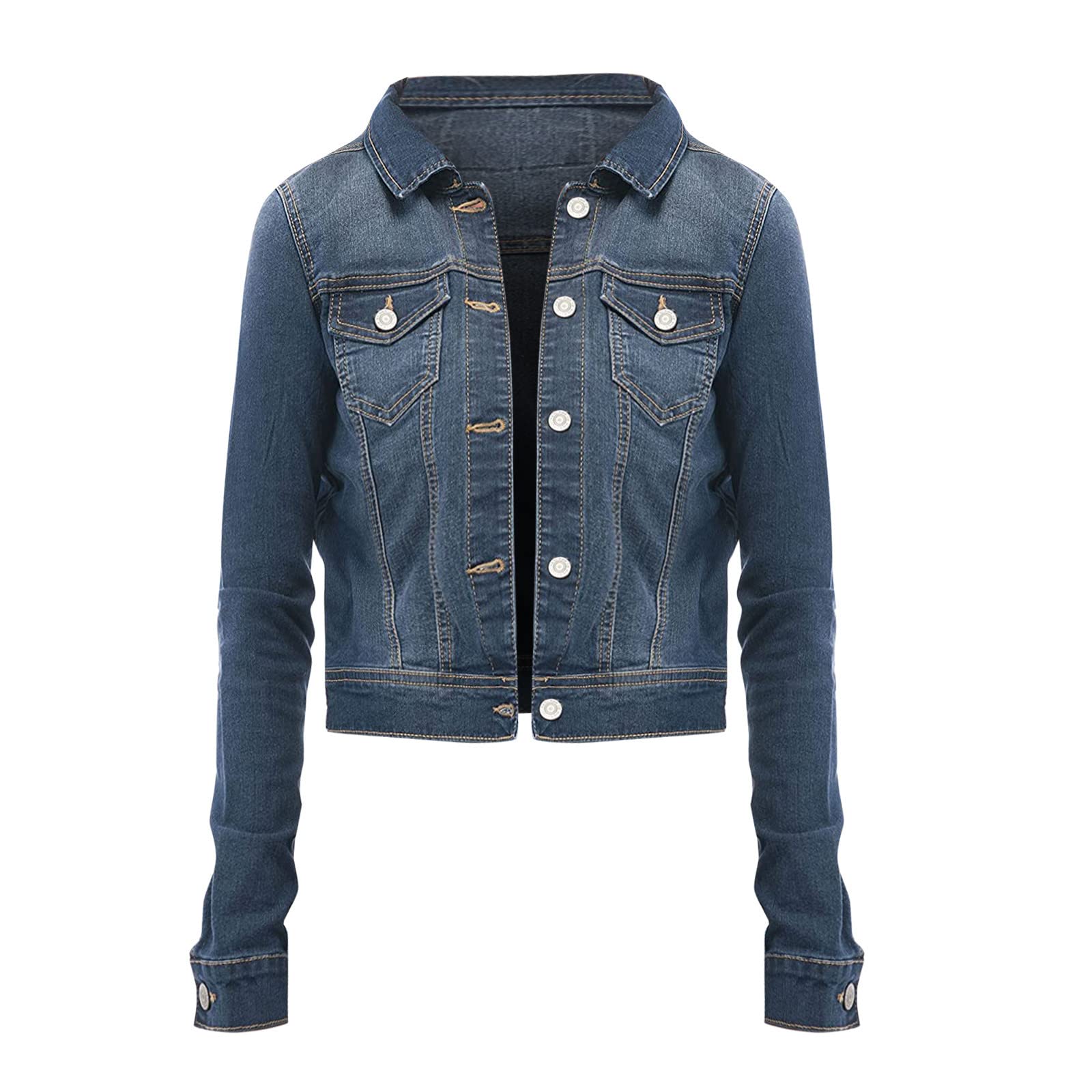 Women's Denim Jacket - Pure Color Cropped Button-Up Long Sleeve Motorcycle Style with Pockets | Casual Outfit, Streetwear Fashion, Spring & Fall Layering