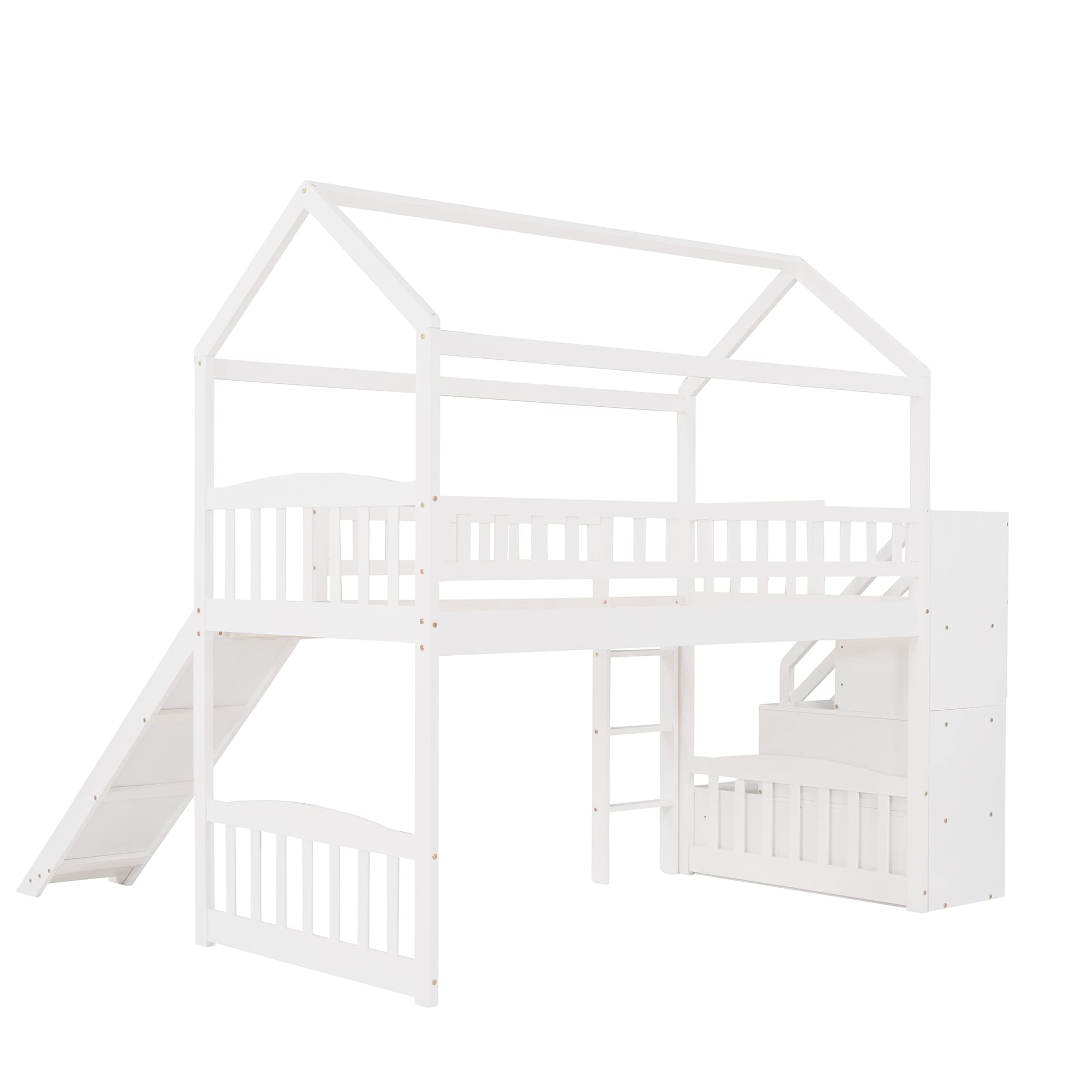 Kids Loft Bed with Slide & Storage Stairs - Twin Size Wooden House Bed Frame with Roof & Safety Guardrails for Boys, Girls & Teens (White) - Perfect for Small Bedrooms, Playrooms & Kids' Dream Spaces