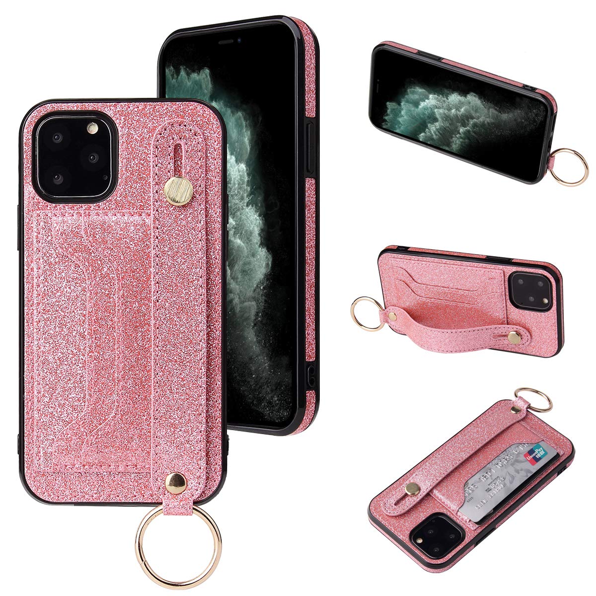 Sparkly Bling PU Leather iPhone 12 Mini Case with Card Holder & Adjustable Wrist Strap - Protective Phone Cover in Pink | Perfect for Hands-Free Shopping, Gym Workouts & Travel Convenience