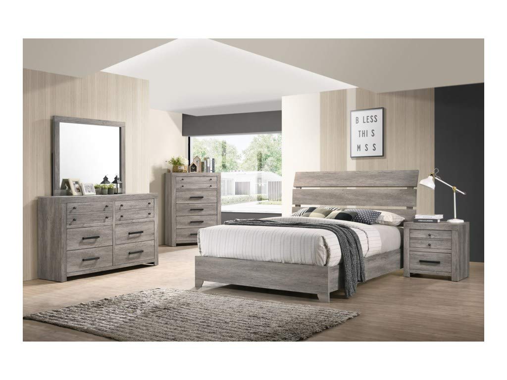 Modern Grey Platform Queen Bedroom Set with Dresser, Mirror, Nightstand & Chest - 5 Piece No Boxspring Required Bedroom Furniture for Master Bedroom or Guest Room (Queen Size)