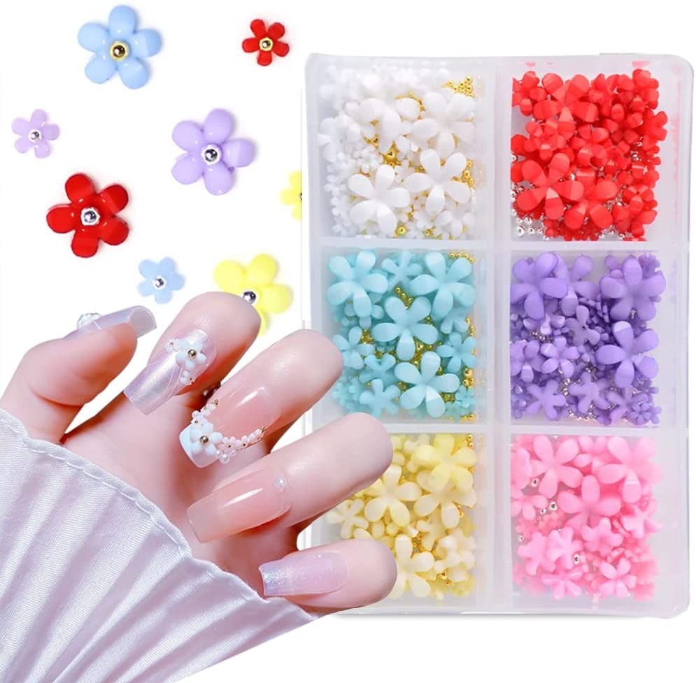 3D Flower Nail Charms & Metal Caviar Beads Set - Acrylic Resin Flowers with Gold Silver Nail Ball Beads for DIY Nail Art Designs | Perfect for Nail Salon, Home Manicure, Party & Wedding Nail Decorations