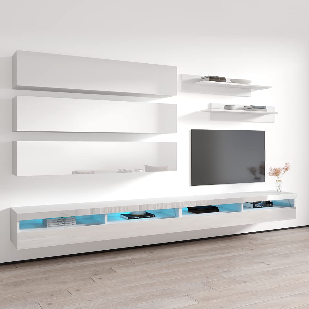 Modern Floating TV Stand with Storage & LED Lights - Wall-Mounted Entertainment Center for Bedroom & Living Room - White TV Console with Shelves - Perfect for Small Spaces & Home Theater Setup
