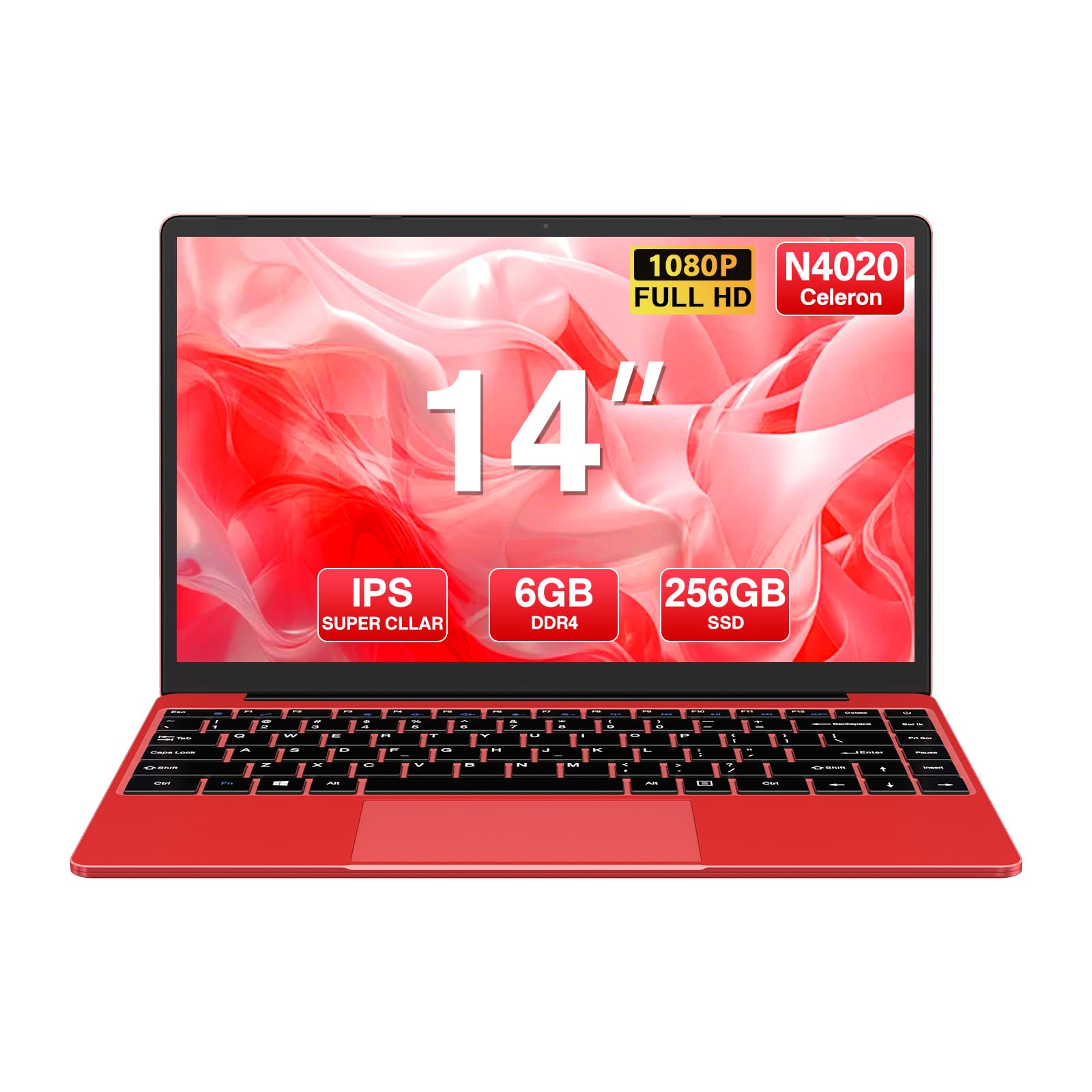WOZIFAN 14 Inch Laptop - Windows 11, 256GB SSD (Expandable to 1TB), 1080P FHD Display, 2.4G+5G WiFi, Bluetooth, HDMI - Includes Wireless Mouse & German Keyboard Stickers (Red) - Perfect for Work, Study, and Home Entertainment