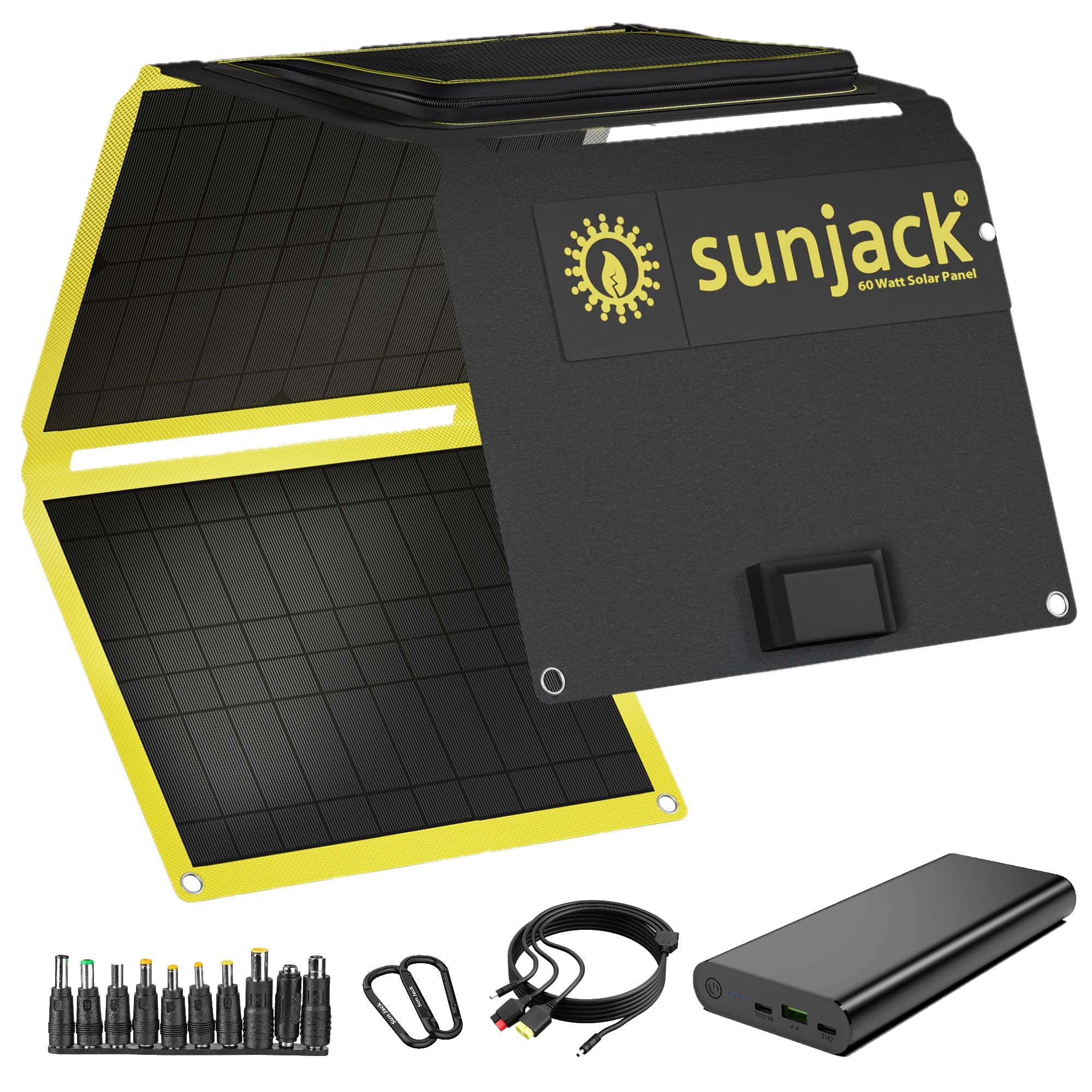 SunJack 60W Folding IP67 Waterproof ETFE Portable Solar Panel Charger with Kickstand + 100W 25600mAh Power Bank | DC/USB-A/USB-C PD30 Fast Charging for Phone, Laptop, Power Station | Perfect for Hiking, Camping, RV Trips & Emergency Power Backup