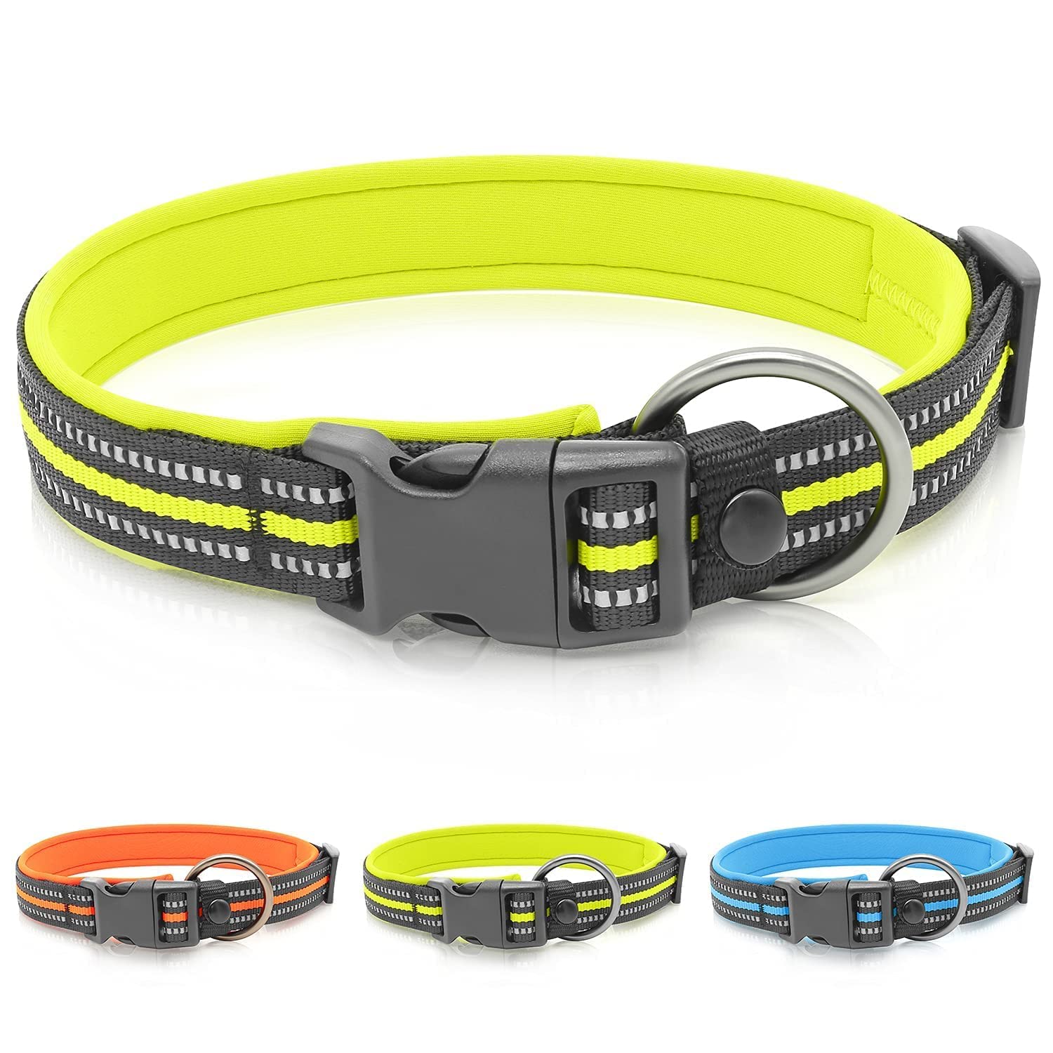 Visinite Reflective Adjustable Dog Collar - Soft Neoprene Padded Nylon Pet Collar for Small, Medium, Large & XL Dogs | High Visibility Safety Collar for Night Walking & Outdoor Adventures | 4 Sizes Available in Green