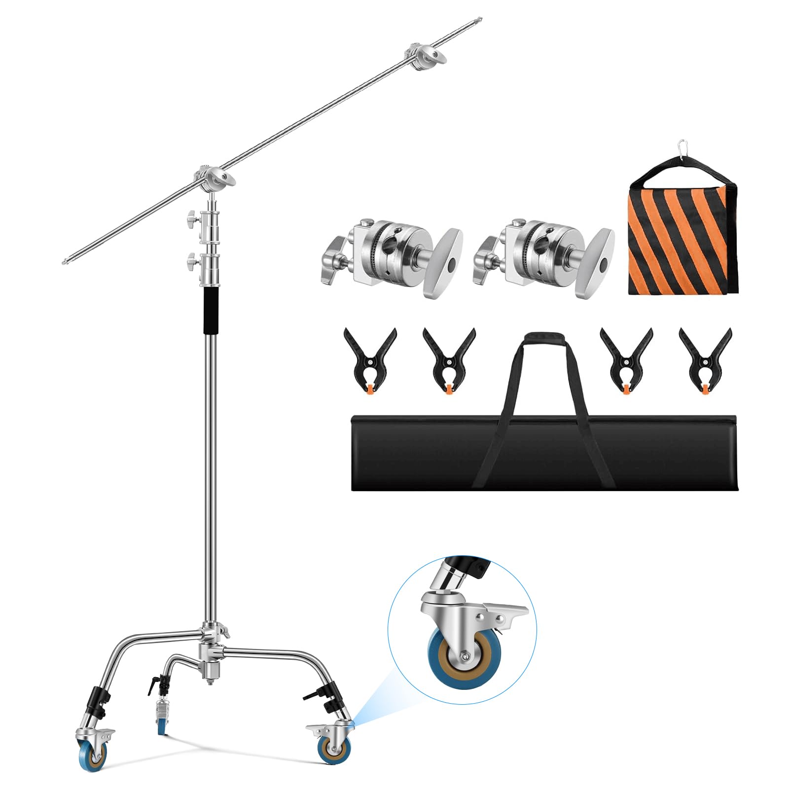 Soonpho 330cm Heavy Duty Stainless Steel C-Stand with 4.2ft Boom Arm - Professional Photography Light Stand for Studio, Reflectors & Softboxes - Spring Damping for Stable Shooting - Perfect for Video Recording, YouTube & Film Production (Silver)