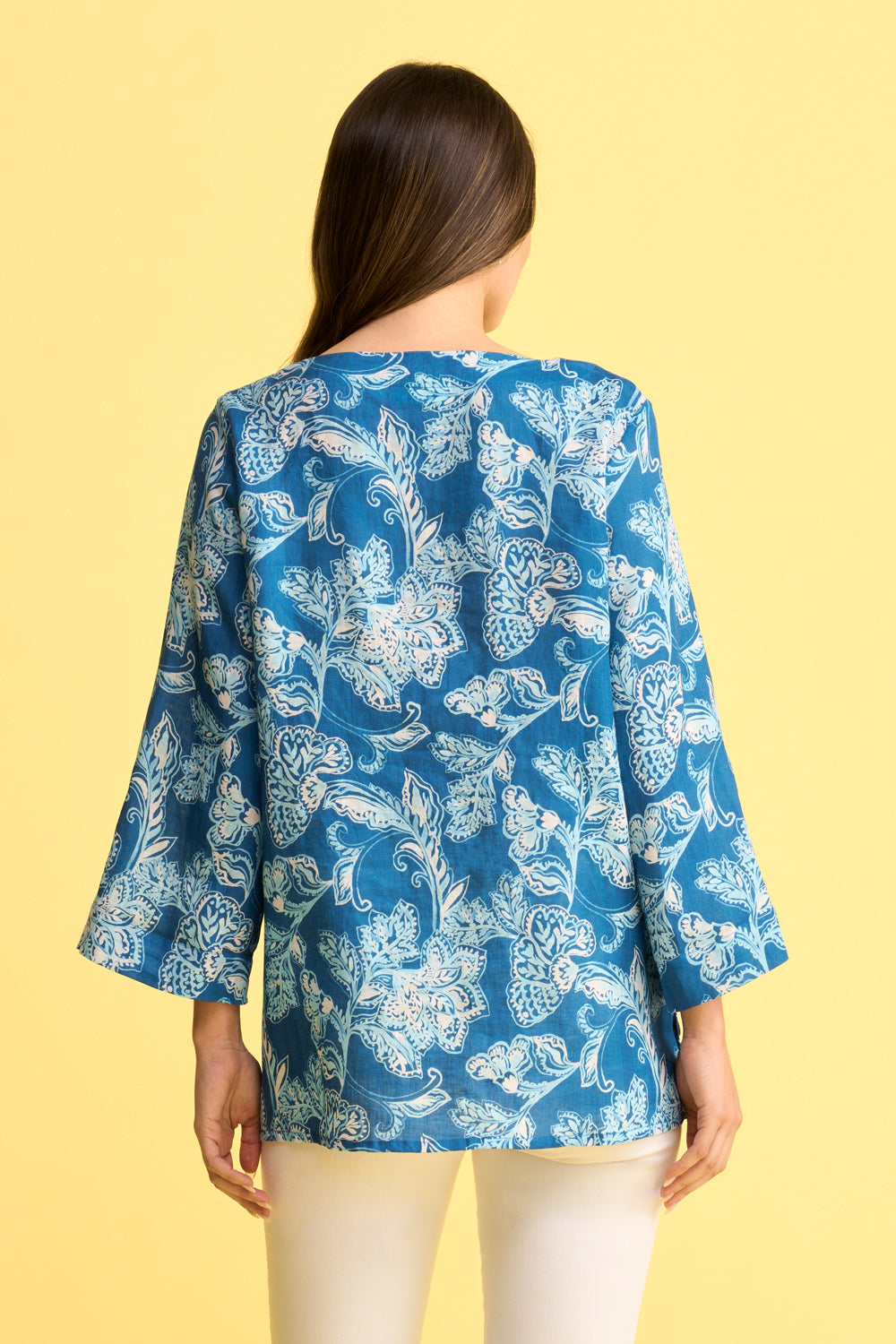 French Linen Button Detail Top - Blue Print Women's Casual Blouse for Summer, Office & Date Night Outfits