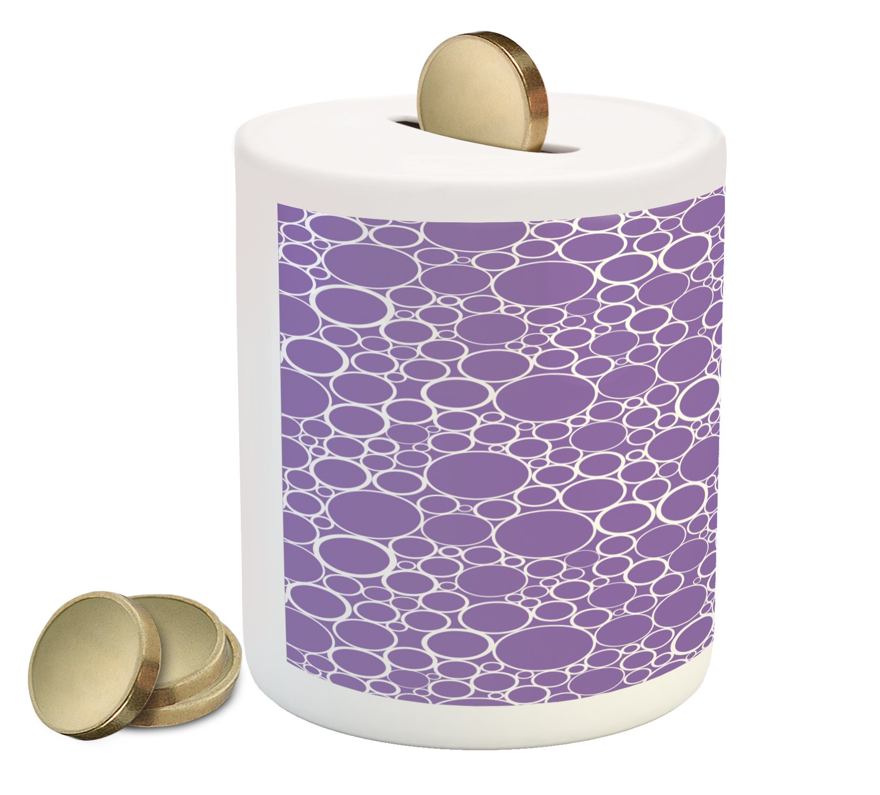 Ambesonne Ceramic Piggy Bank - Abstract Geometric Linked Circles Fractal Design in Violet & White | Money Saving Coin Bank for Kids, Teens & Adults | Perfect for Home, Office & Gift Giving