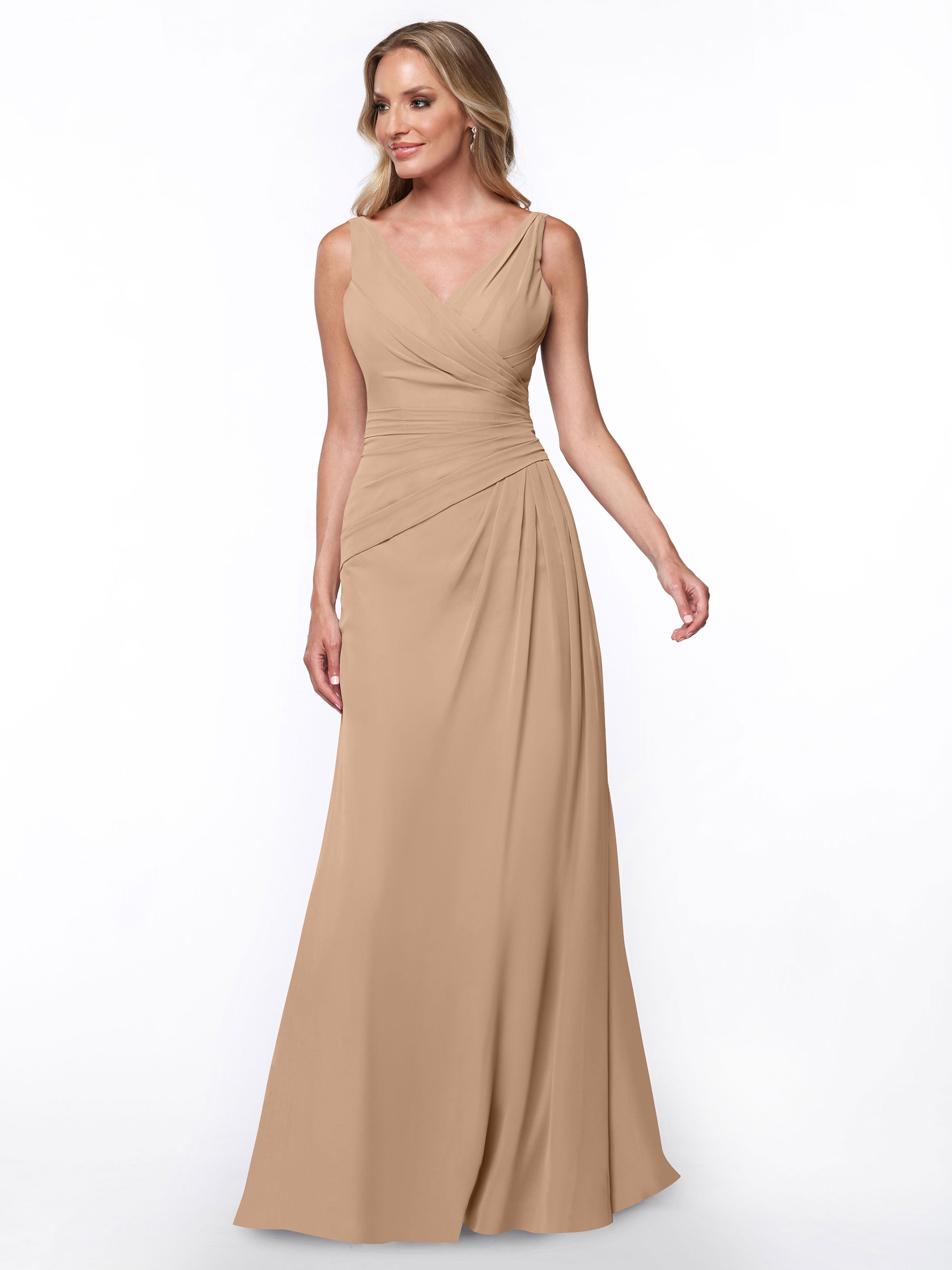 Elegant 80030 Chiffon Sheath Bridesmaid Dress with Ruching V-Neck Bodice - Perfect for Weddings, Formal Events & Special Occasions