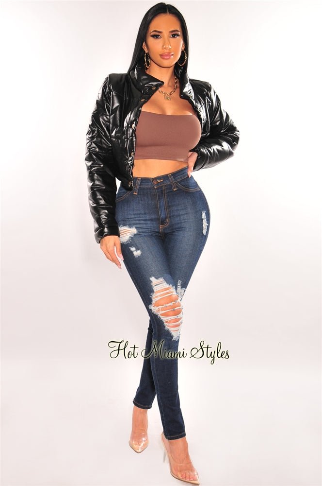Black Faux Leather Button Up Cropped Bomber Jacket for Women - Stylish Vegan Leather Motorcycle Jacket for Casual Outfits & Night Out