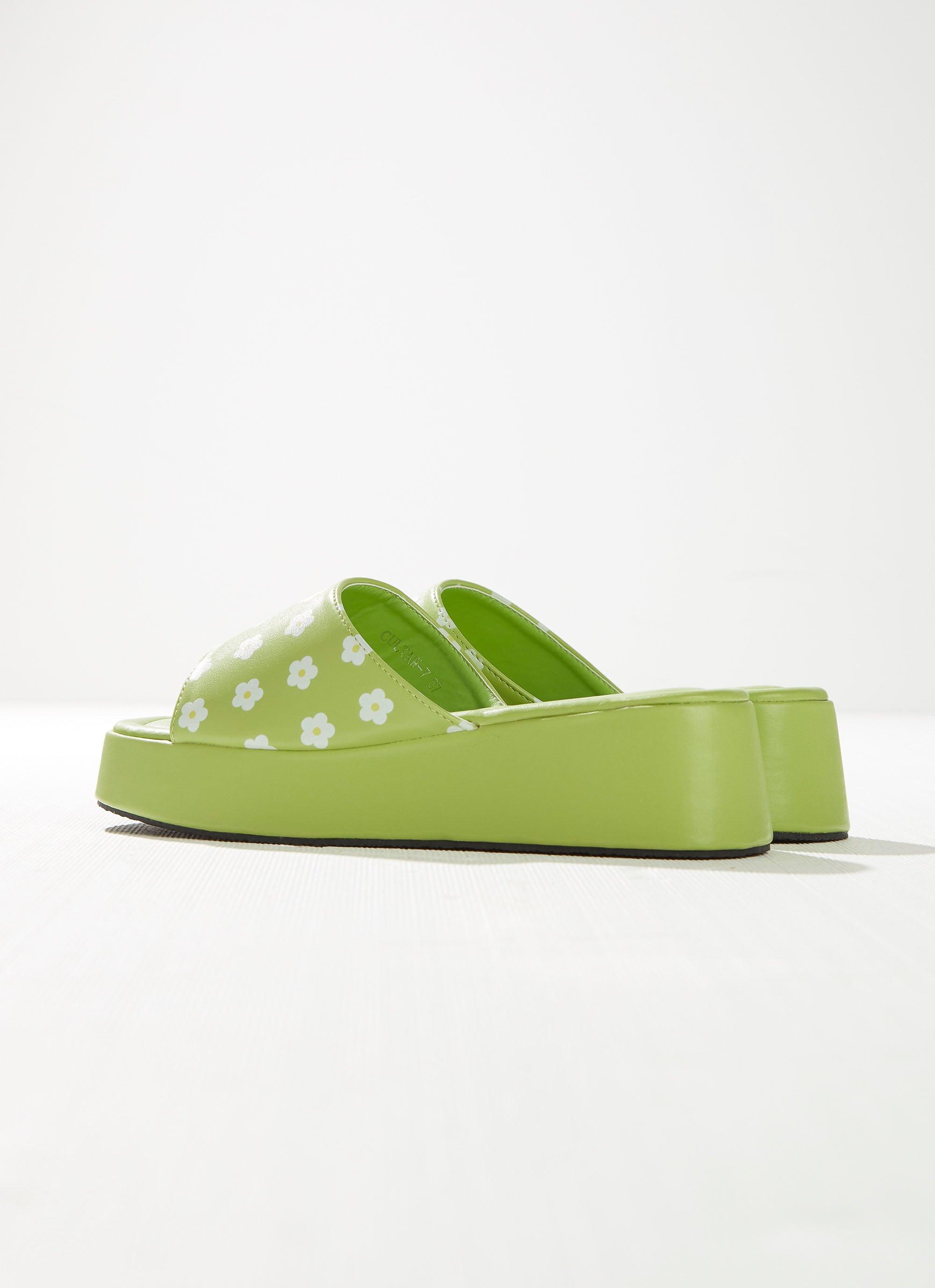Lime Daisy Chain Mule Shoes - Women's Boho Slip-On Sandals with Floral Design for Summer Beach, Casual Outfits & Vacation Wear