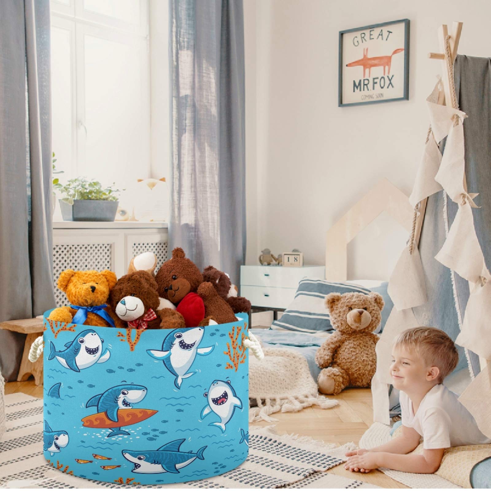 Visesunny Shark Coral Cartoon Storage Basket - Canvas Fabric Toy Organizer Bin, Nursery Hamper & Laundry Basket for Kids Room, Playroom, Shelves | Durable Kids Toy Storage Solution for Bedroom, Daycare & Play Areas