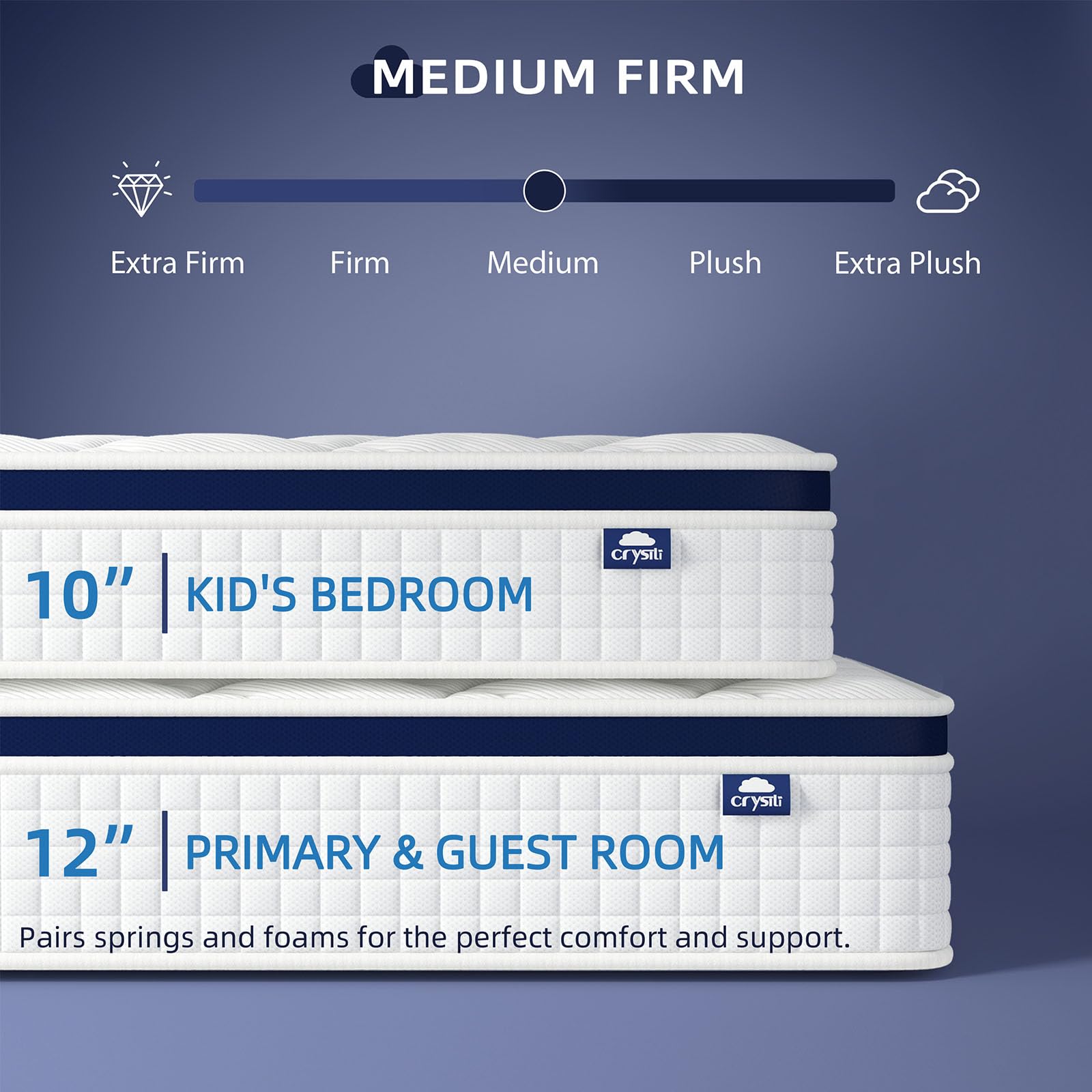 Crystli King Size Mattress in a Box - 10 Inch Hybrid Mattress with Zero Pressure Foam & Innerspring for Pressure Relief | Medium Firm, Motion Isolation, CertiPUR-US Certified | Perfect for Back Pain Relief & Couples' Bedroom
