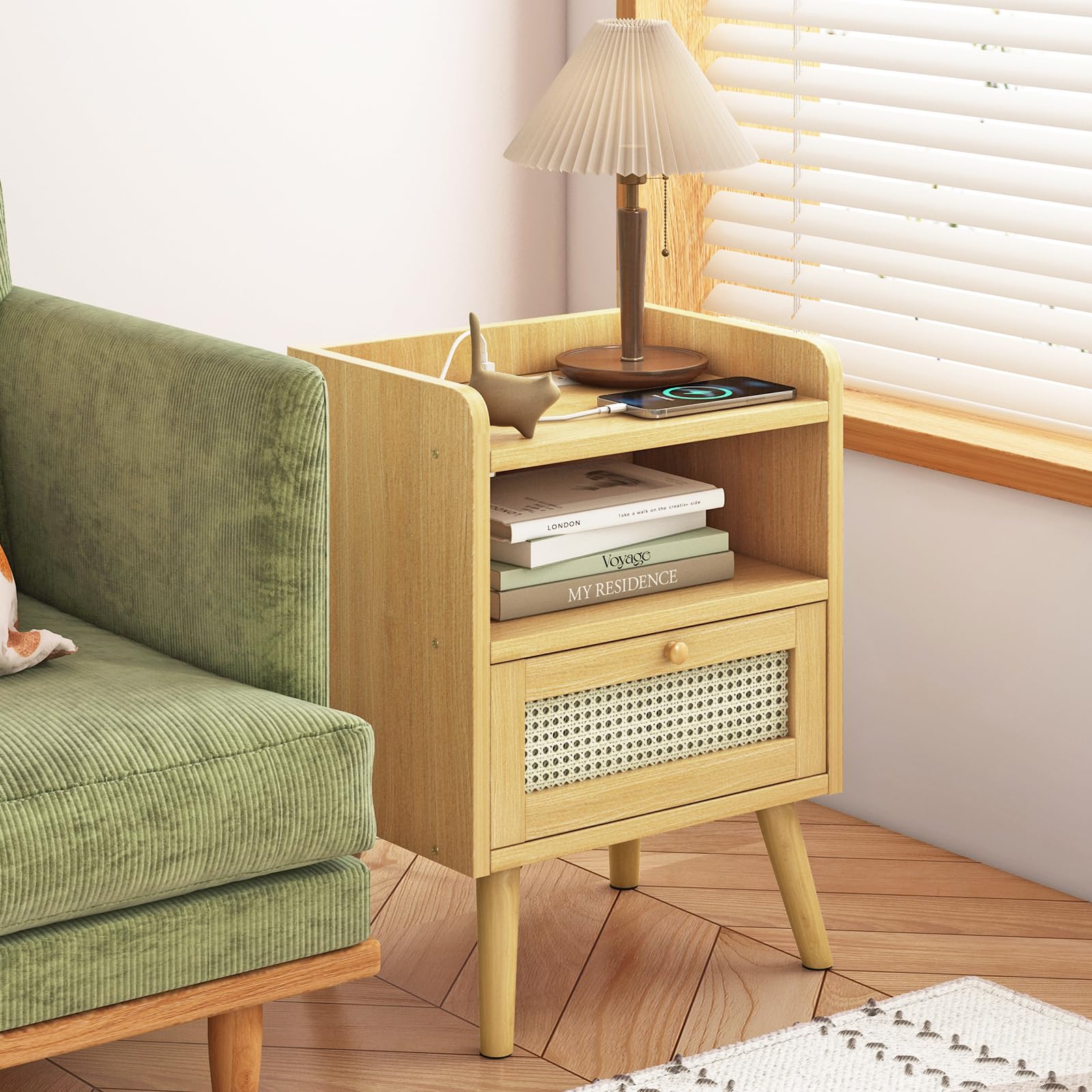 Fixwal Nightstand Set of 2 with USB Charging Station, Rattan Decor Drawer & Open Storage - Solid Wood Bedside Tables for Bedroom, Living Room & Guest Room - Perfect for Phone Charging & Bedside Storage