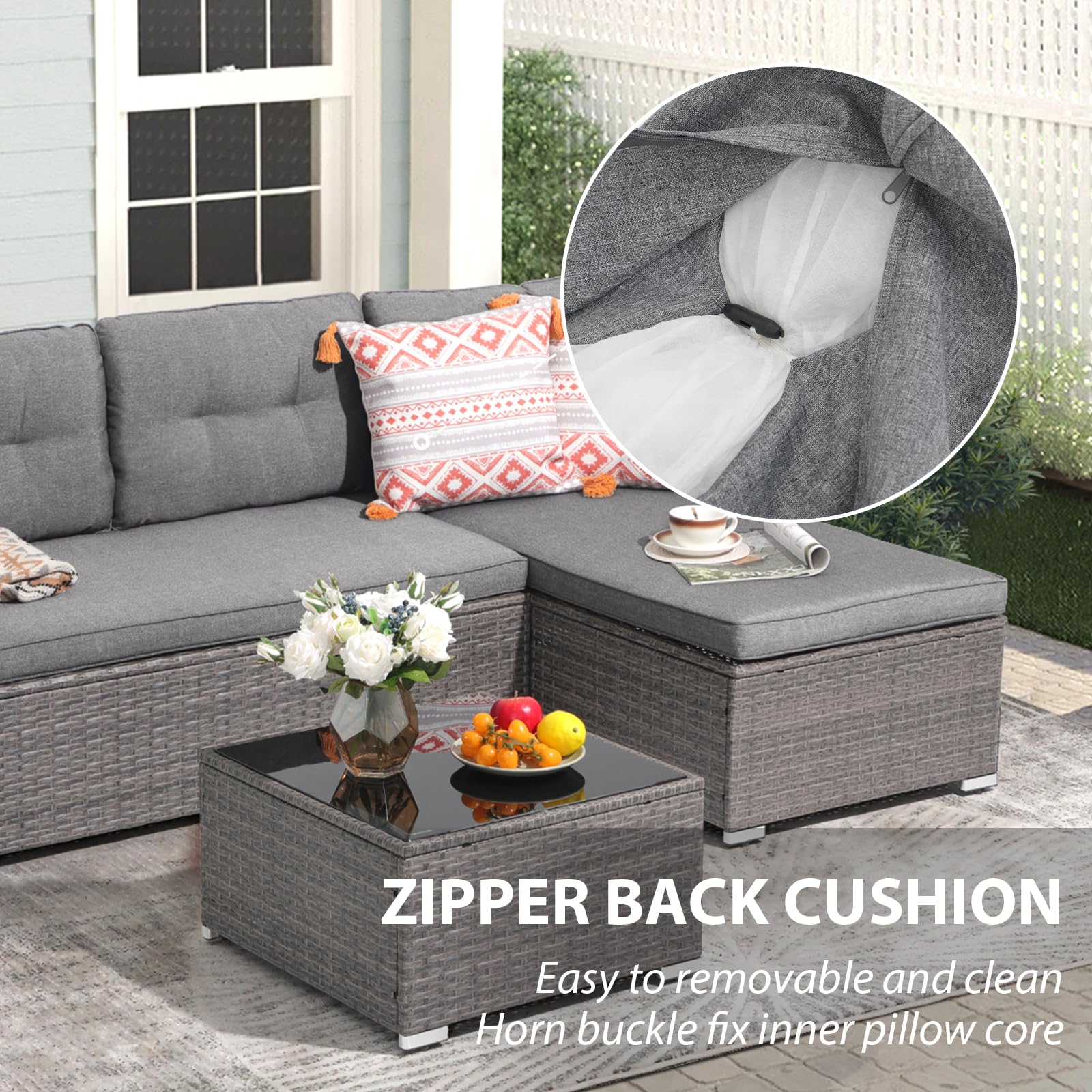 JOIVI 3-Piece All-Weather Outdoor Patio Furniture Set - Wicker Rattan Sectional Sofa with Cushions & Tempered Glass Table - Gray - Perfect for Backyard, Garden, Poolside & Patio Relaxation
