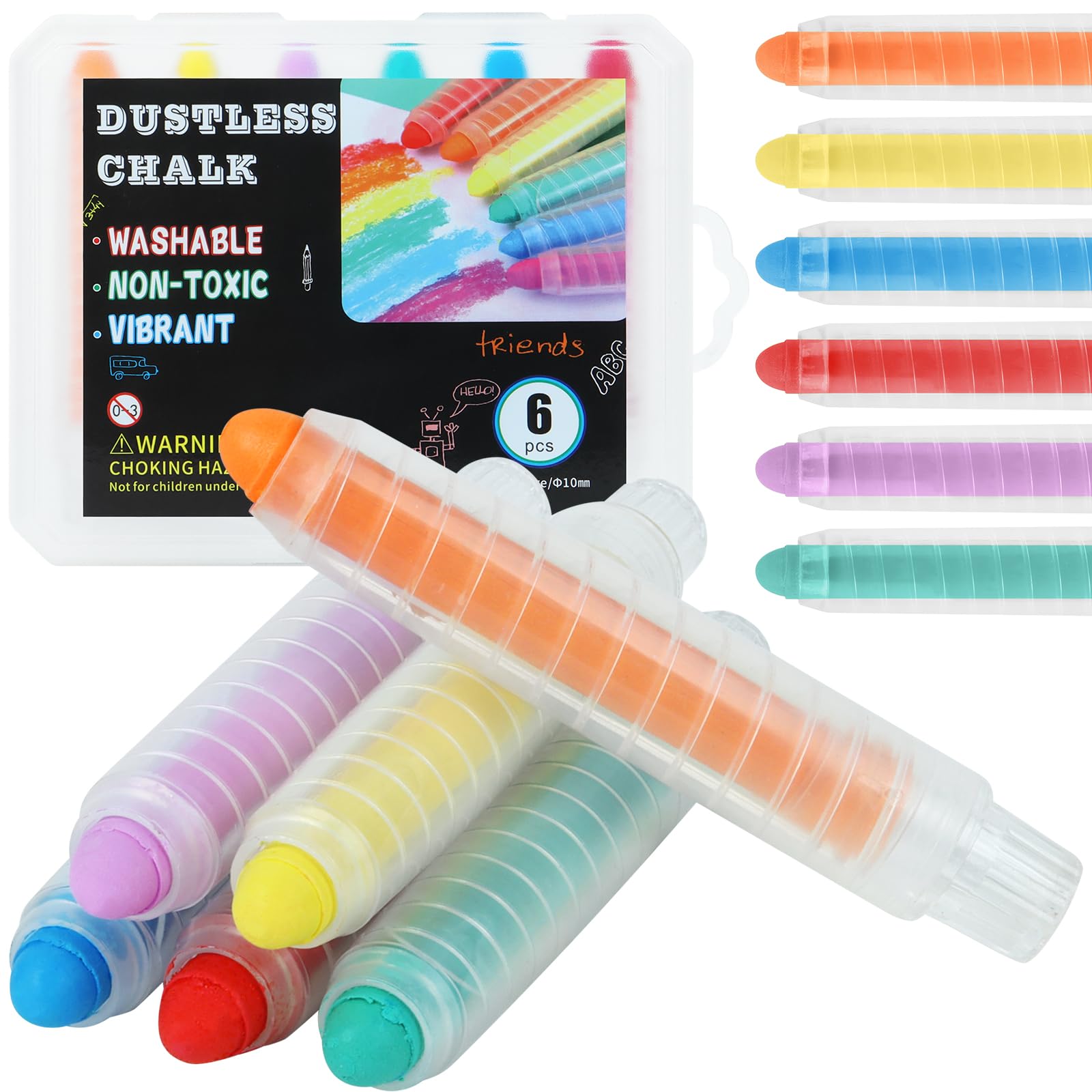 Non-Toxic Dustless Chalk for Kids - 6 Pack Washable Chalkboard Chalks with Holder for Blackboard, Sidewalk Drawing & Outdoor Art Play - Safe for Toddlers, Classrooms & Home Learning Activities