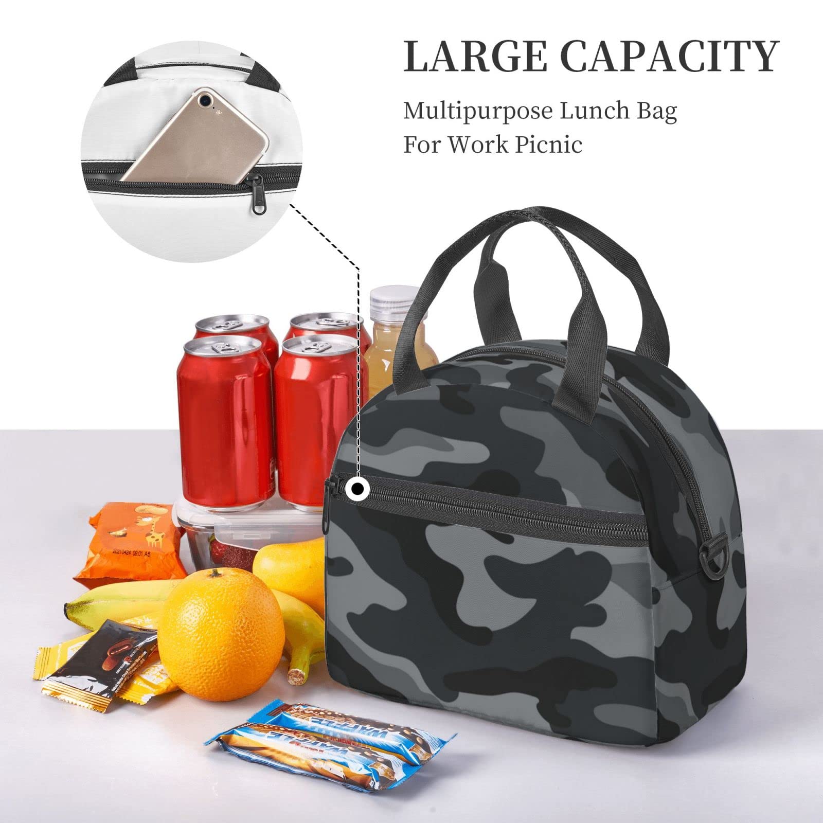 Military Camo Insulated Lunch Bag - Reusable Black Lunch Tote with Adjustable Shoulder Strap for Office, School, Picnic & Travel - Perfect for Work, Outdoor Adventures & Daily Commutes