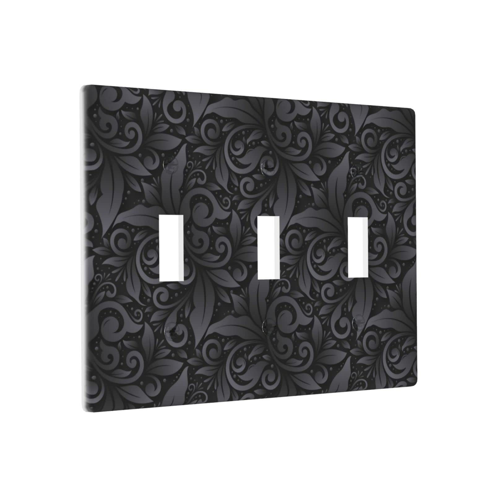 3D Floral Light Switch Cover - Black Decorative Wall Plate for 3 Gang Toggle Switch, Standard Size 4.5