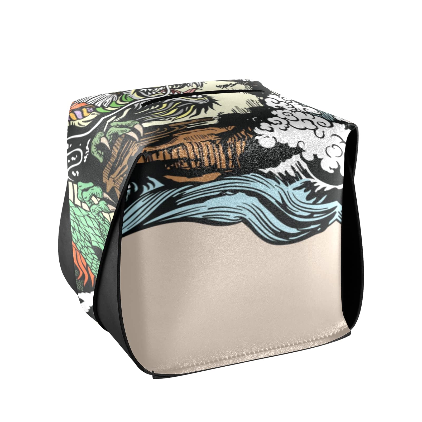 Dragon vs Tiger Leather Tissue Box Cover - Asian Inspired Waterfall Design with Handle, 5.7x5.7x5.7 inches - Perfect for Bathroom, Home Decor, Nightstand, Vanity, Office Desk & Car Accessories