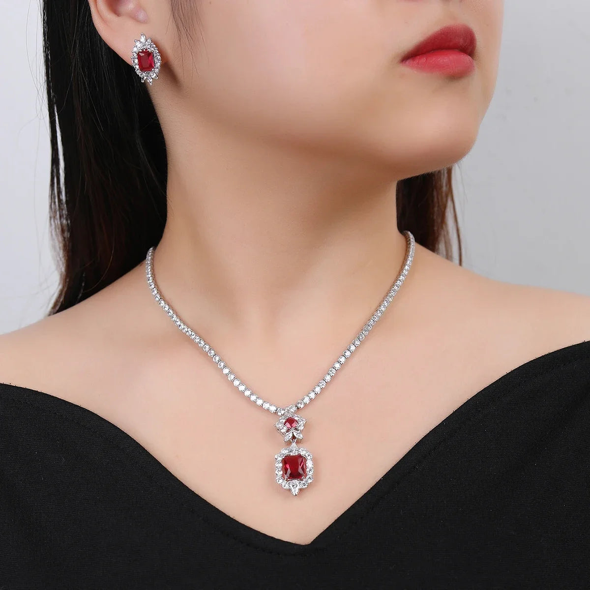 Elegant CZ Cubic Zirconia Pendant Necklace & Earrings Set - Bridal Wedding Jewelry for Women - Perfect Gift for Anniversary, Valentine's Day & Special Occasions - CN10198