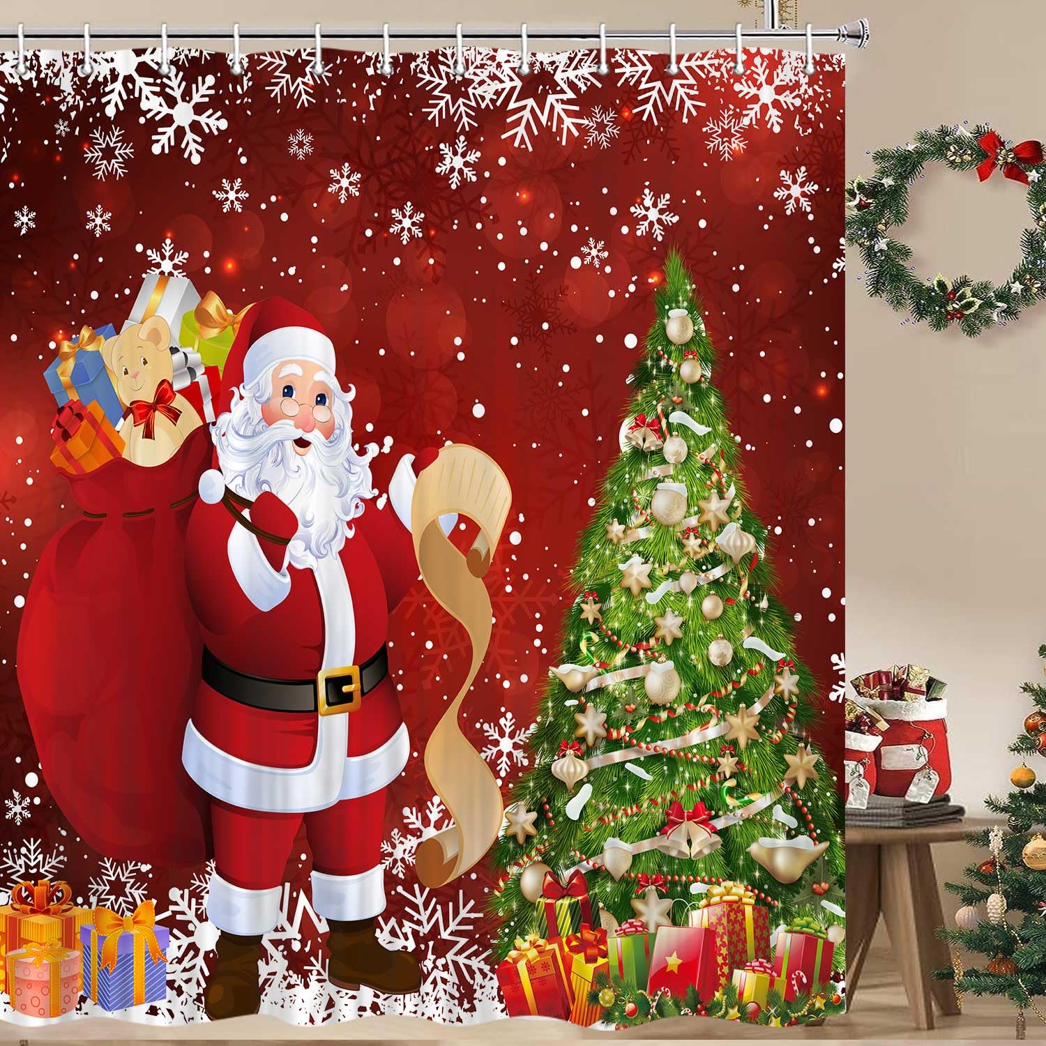 JAWO Christmas Santa Claus Shower Curtain with Gifts, Fir Tree & Snowflake Design - Xmas Bathroom Decor Set Includes Hooks, 70x70 Inches - Perfect for Holiday Home Decor, Christmas Party Bathroom & Festive Gift Giving